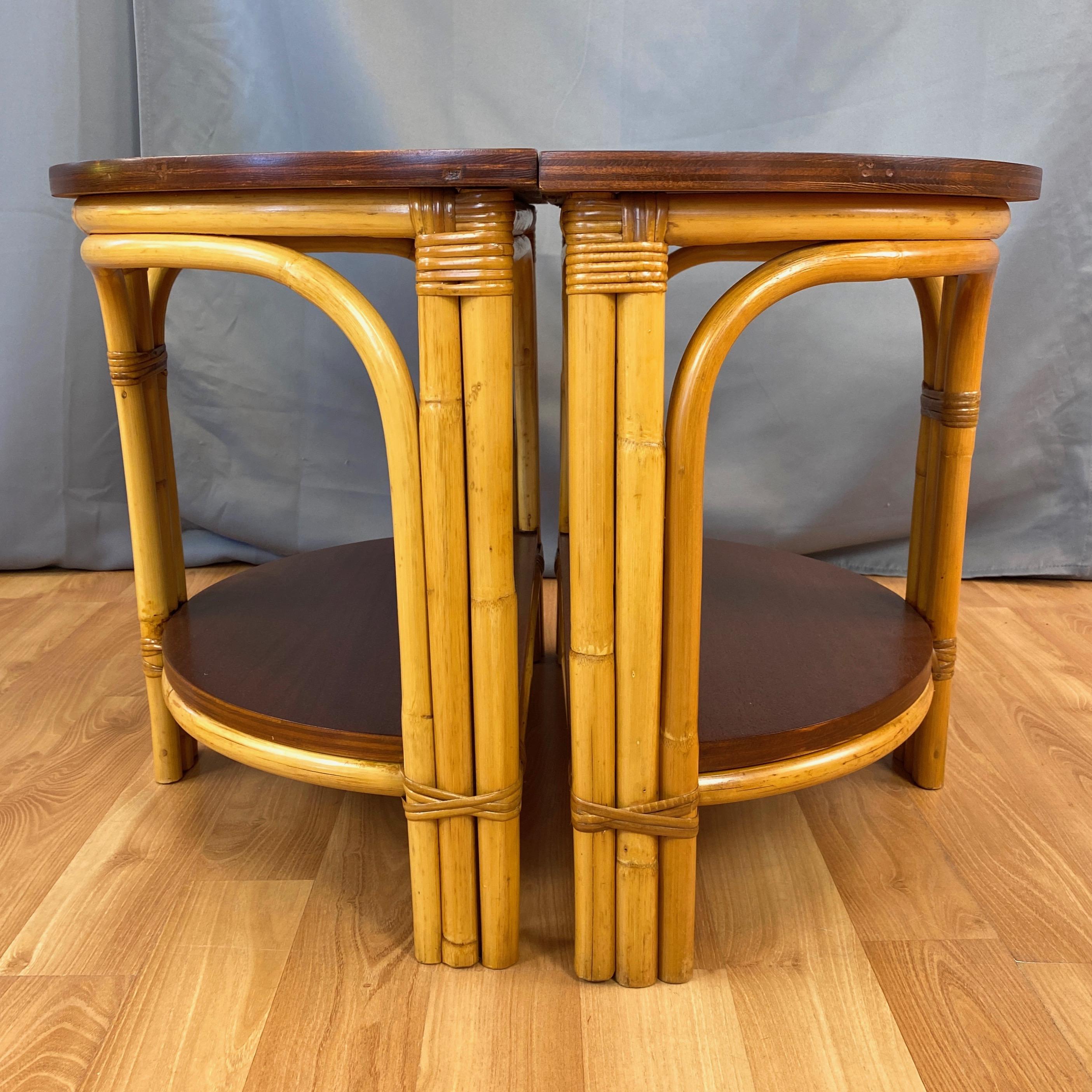Pair of Tropical Sun Co. Rattan & Mahogany Demilune Side Tables, 1940s 3