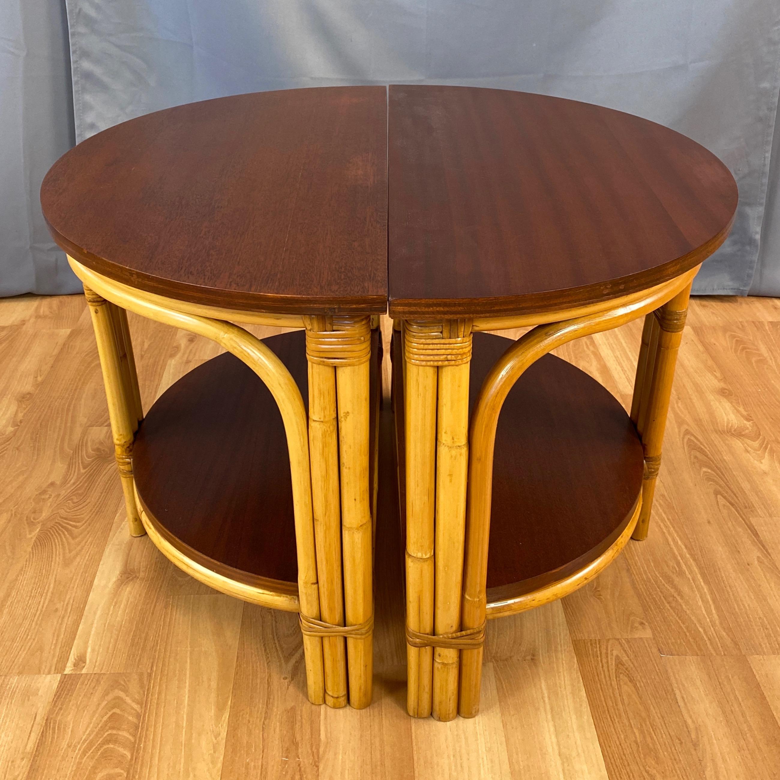 Pair of Tropical Sun Co. Rattan & Mahogany Demilune Side Tables, 1940s 4