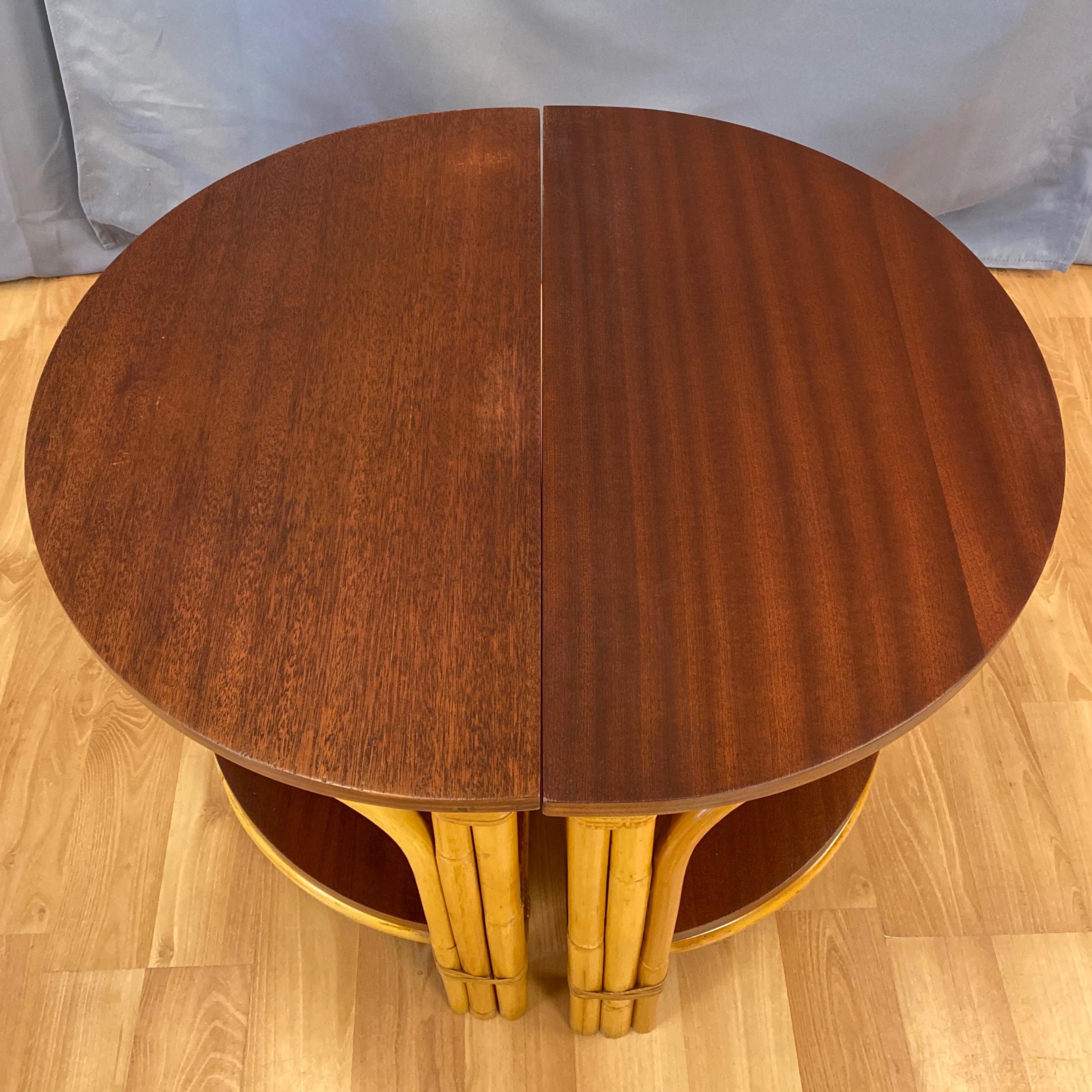 Pair of Tropical Sun Co. Rattan & Mahogany Demilune Side Tables, 1940s 5