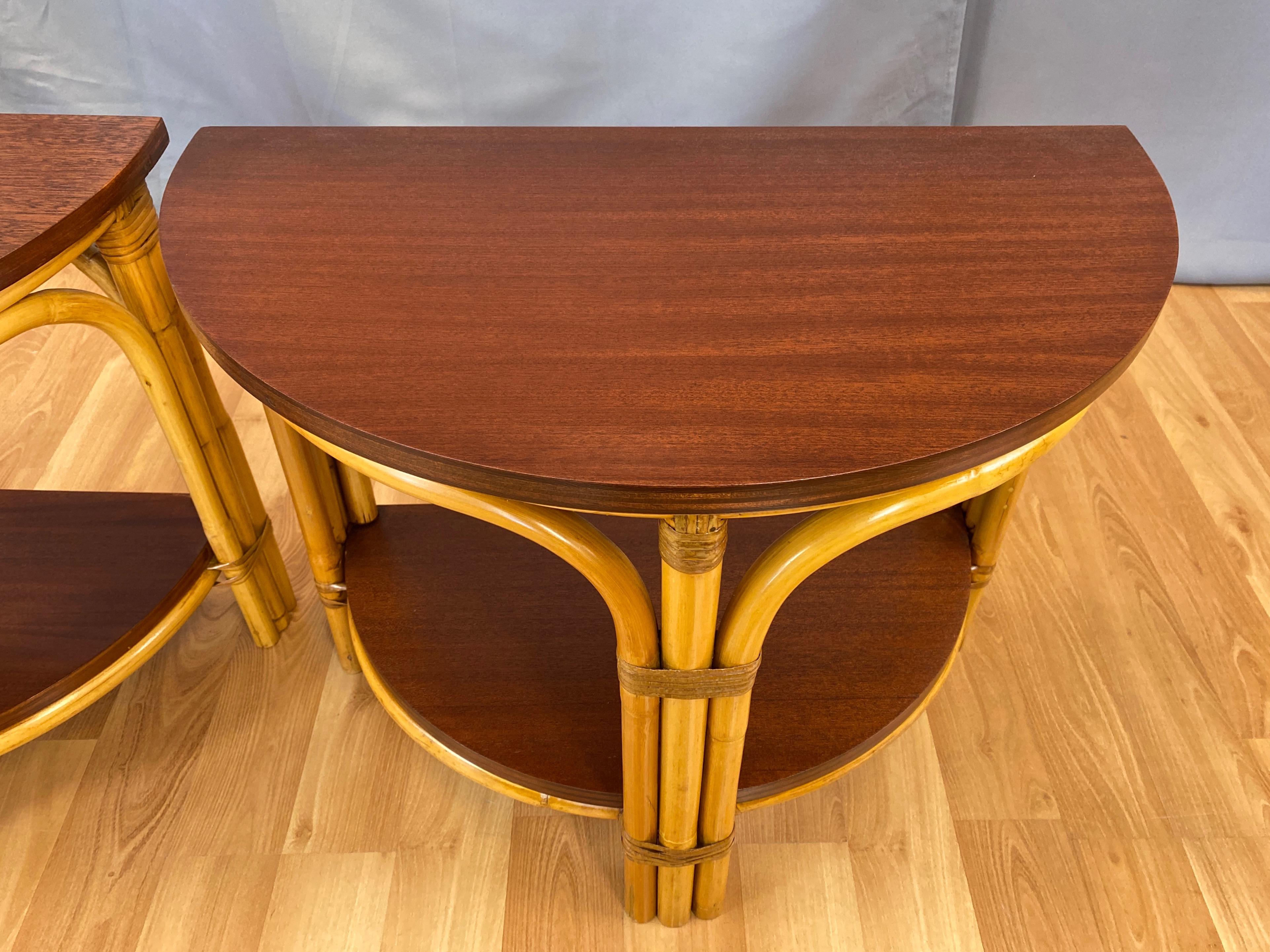 Pair of Tropical Sun Co. Rattan & Mahogany Demilune Side Tables, 1940s 8