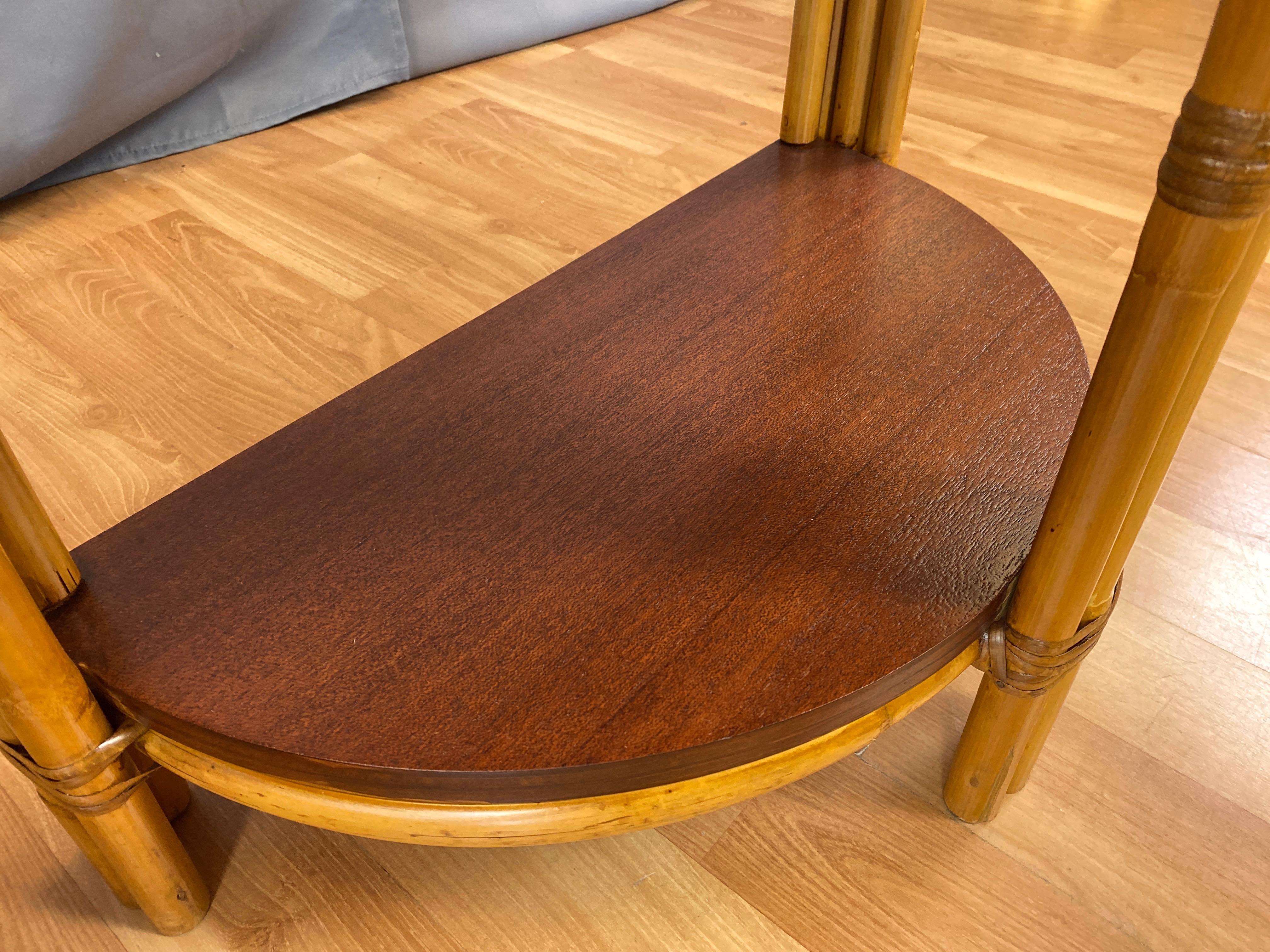 Pair of Tropical Sun Co. Rattan & Mahogany Demilune Side Tables, 1940s 9