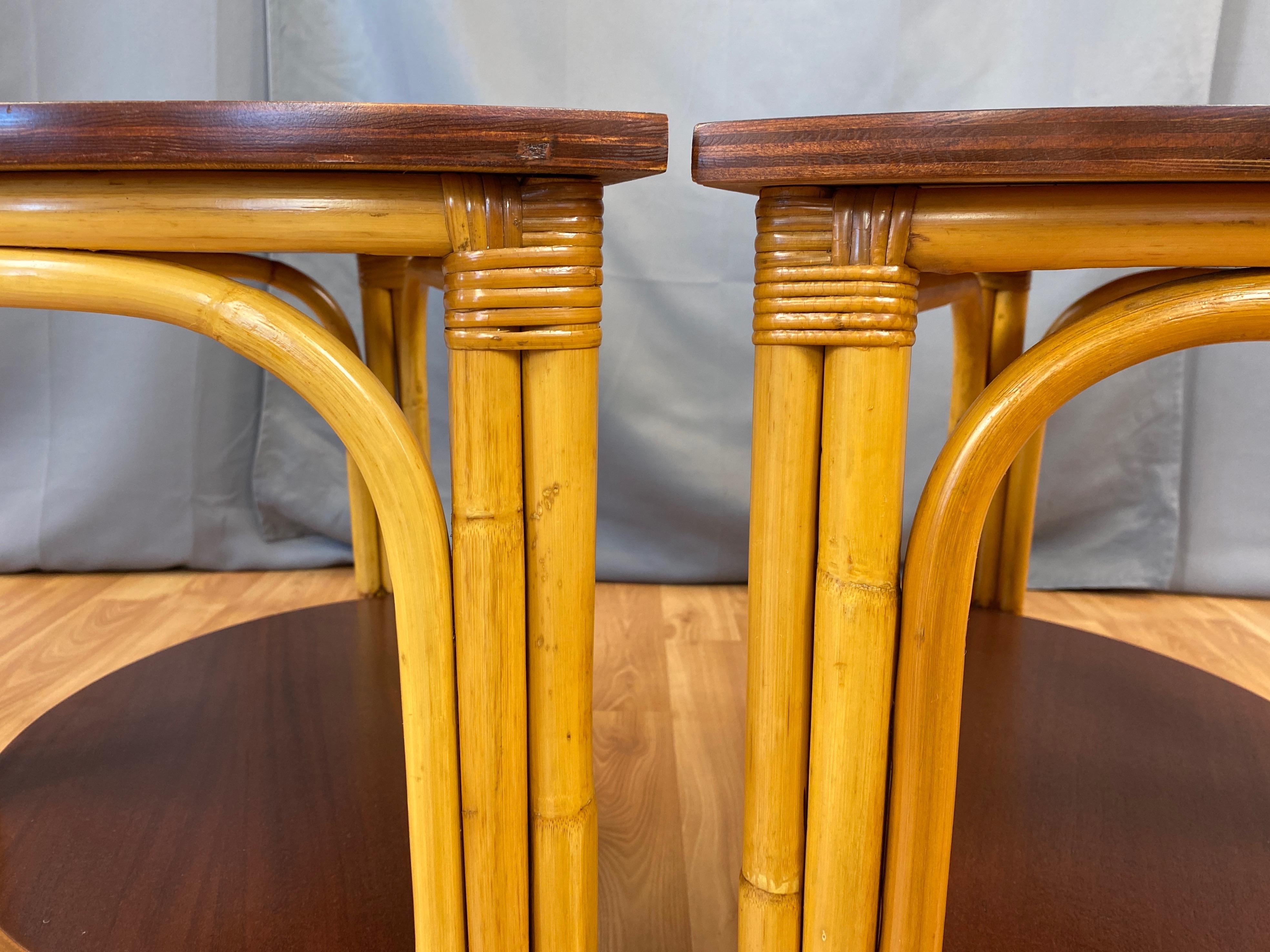 Pair of Tropical Sun Co. Rattan & Mahogany Demilune Side Tables, 1940s 10