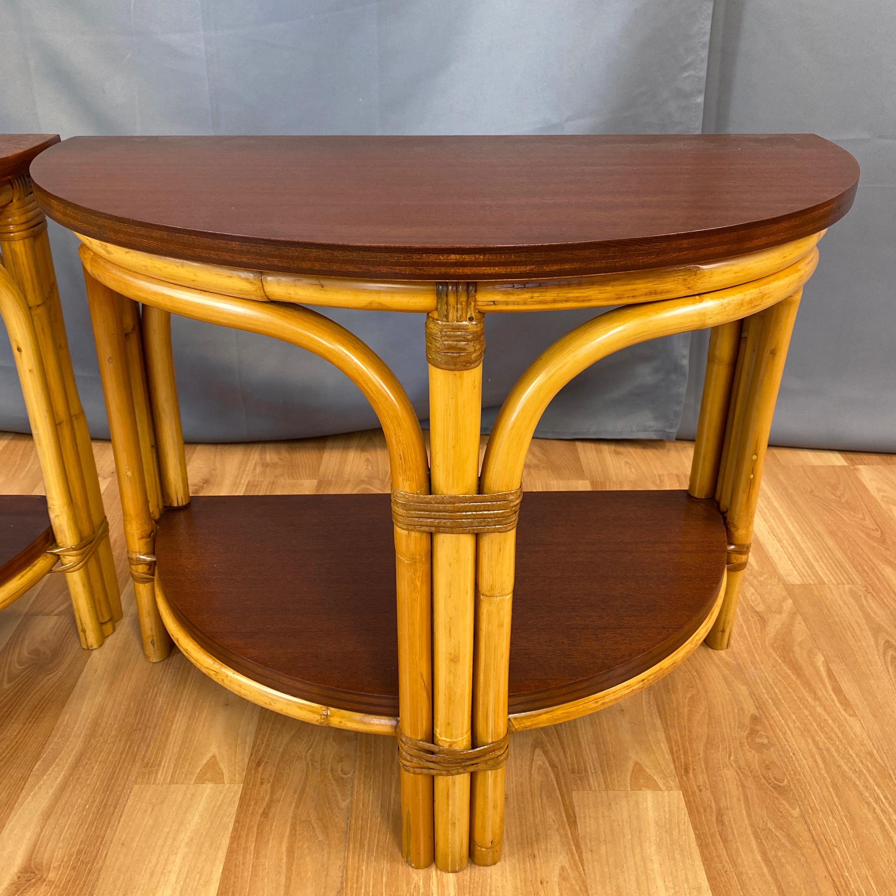 American Pair of Tropical Sun Co. Rattan & Mahogany Demilune Side Tables, 1940s