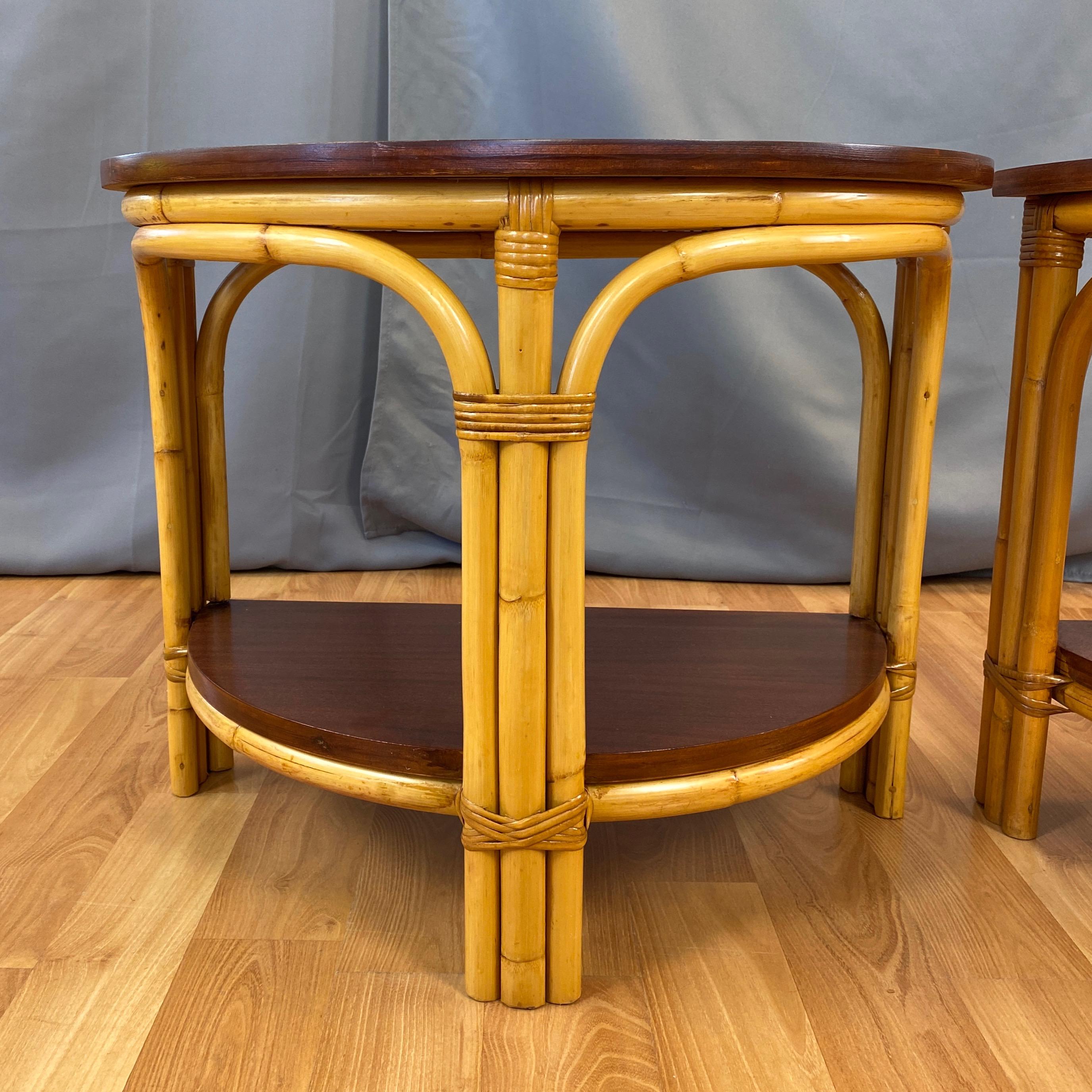 Pair of Tropical Sun Co. Rattan & Mahogany Demilune Side Tables, 1940s In Good Condition In San Francisco, CA