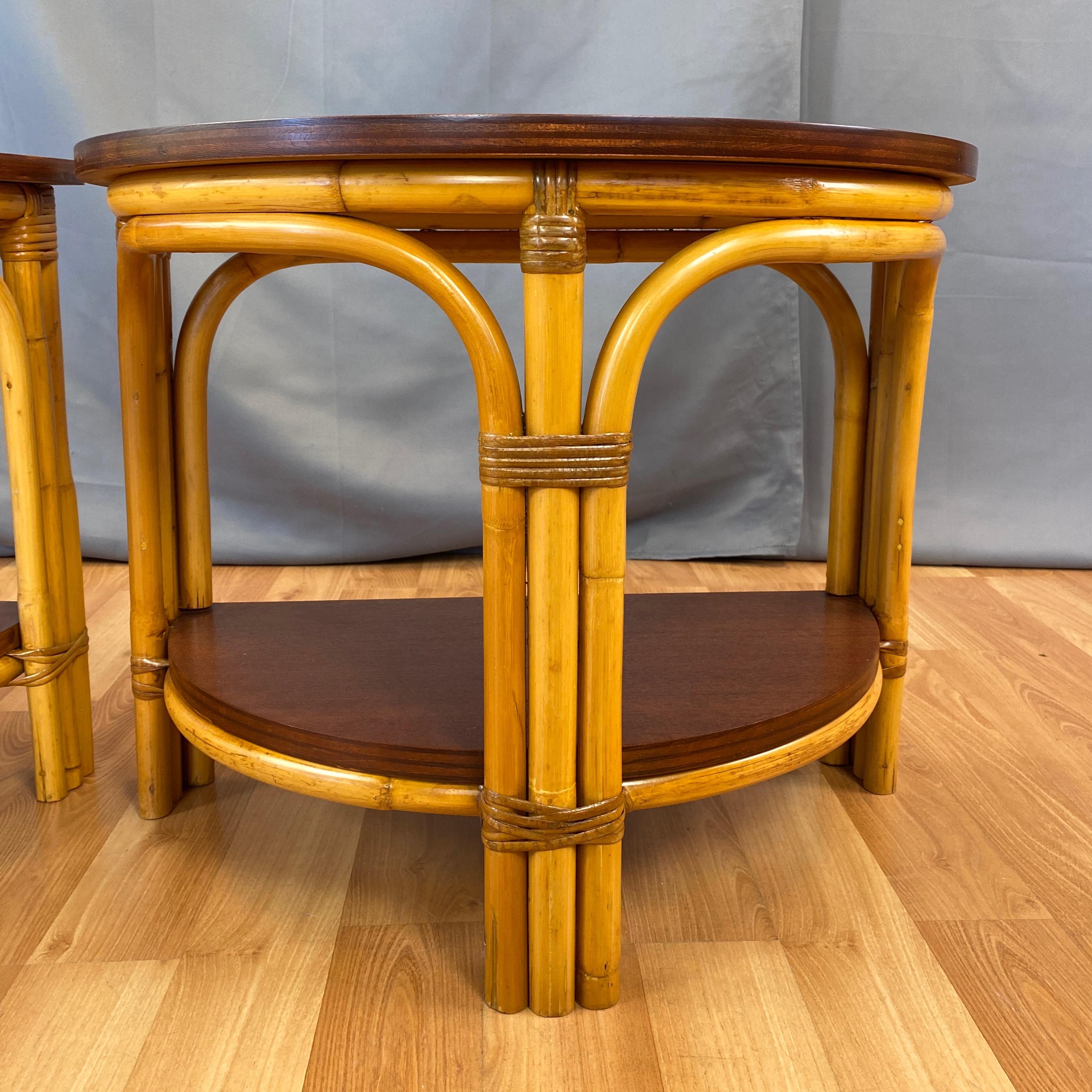 Mid-20th Century Pair of Tropical Sun Co. Rattan & Mahogany Demilune Side Tables, 1940s