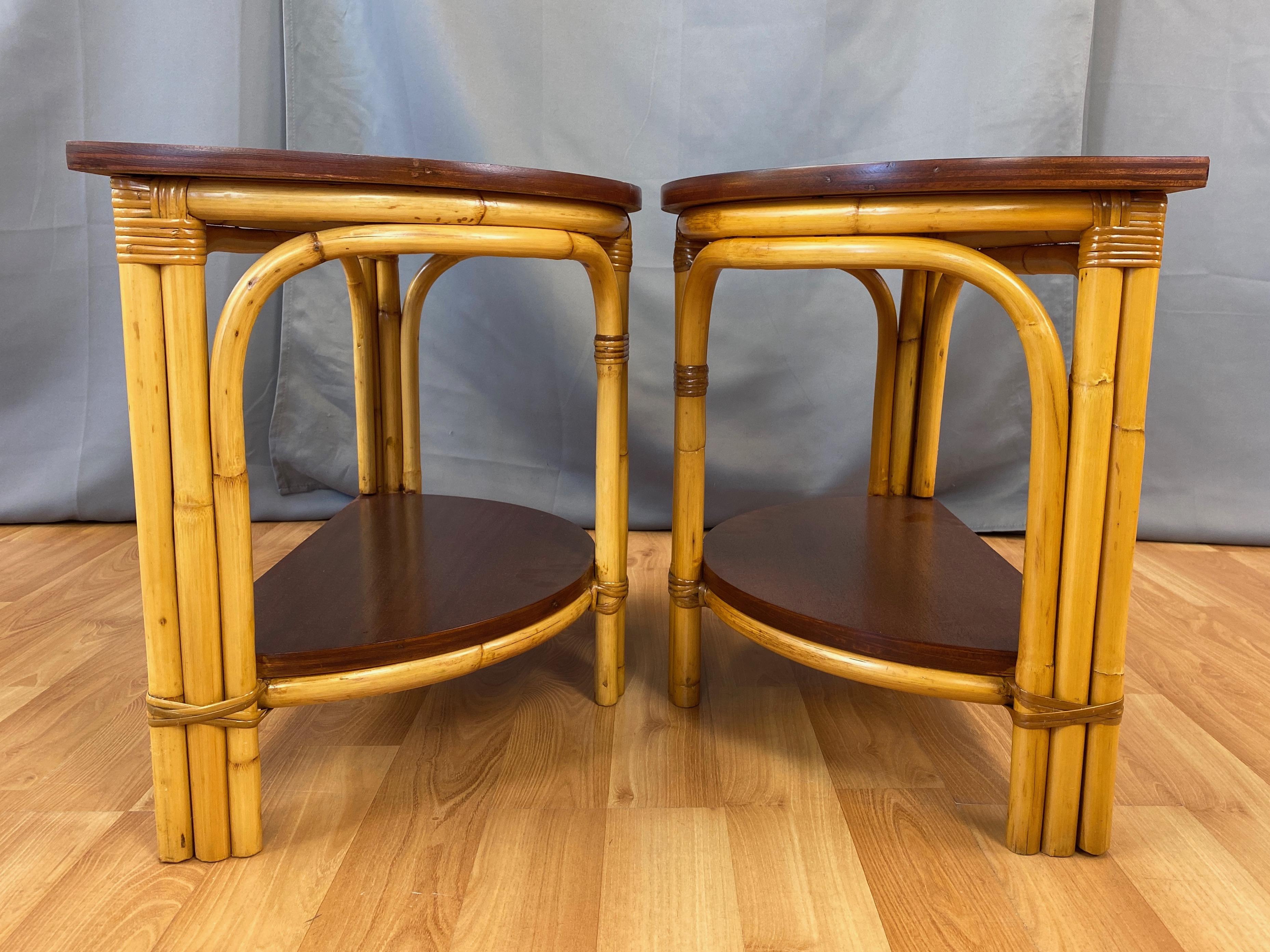 Plywood Pair of Tropical Sun Co. Rattan & Mahogany Demilune Side Tables, 1940s