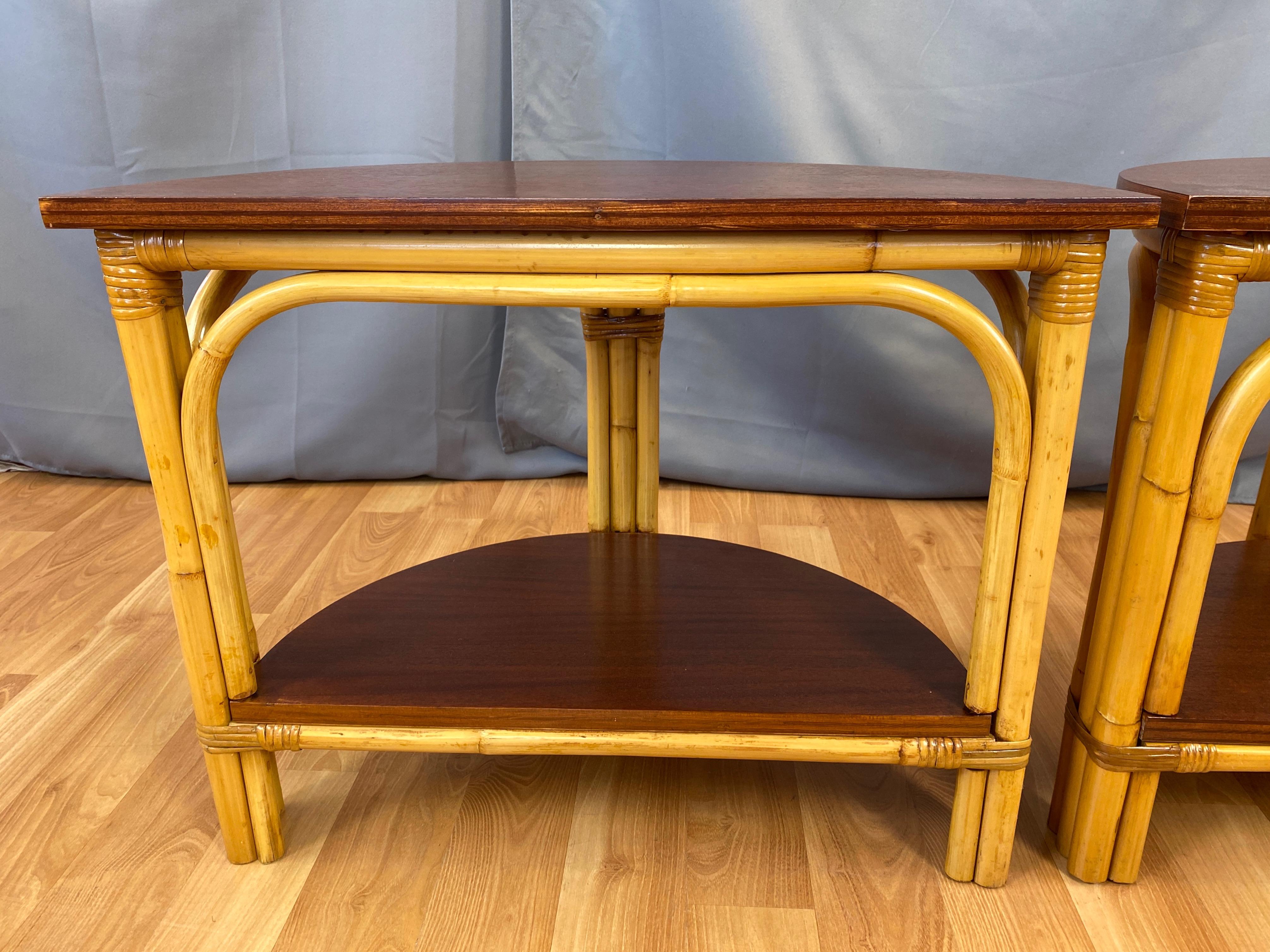 Pair of Tropical Sun Co. Rattan & Mahogany Demilune Side Tables, 1940s 1