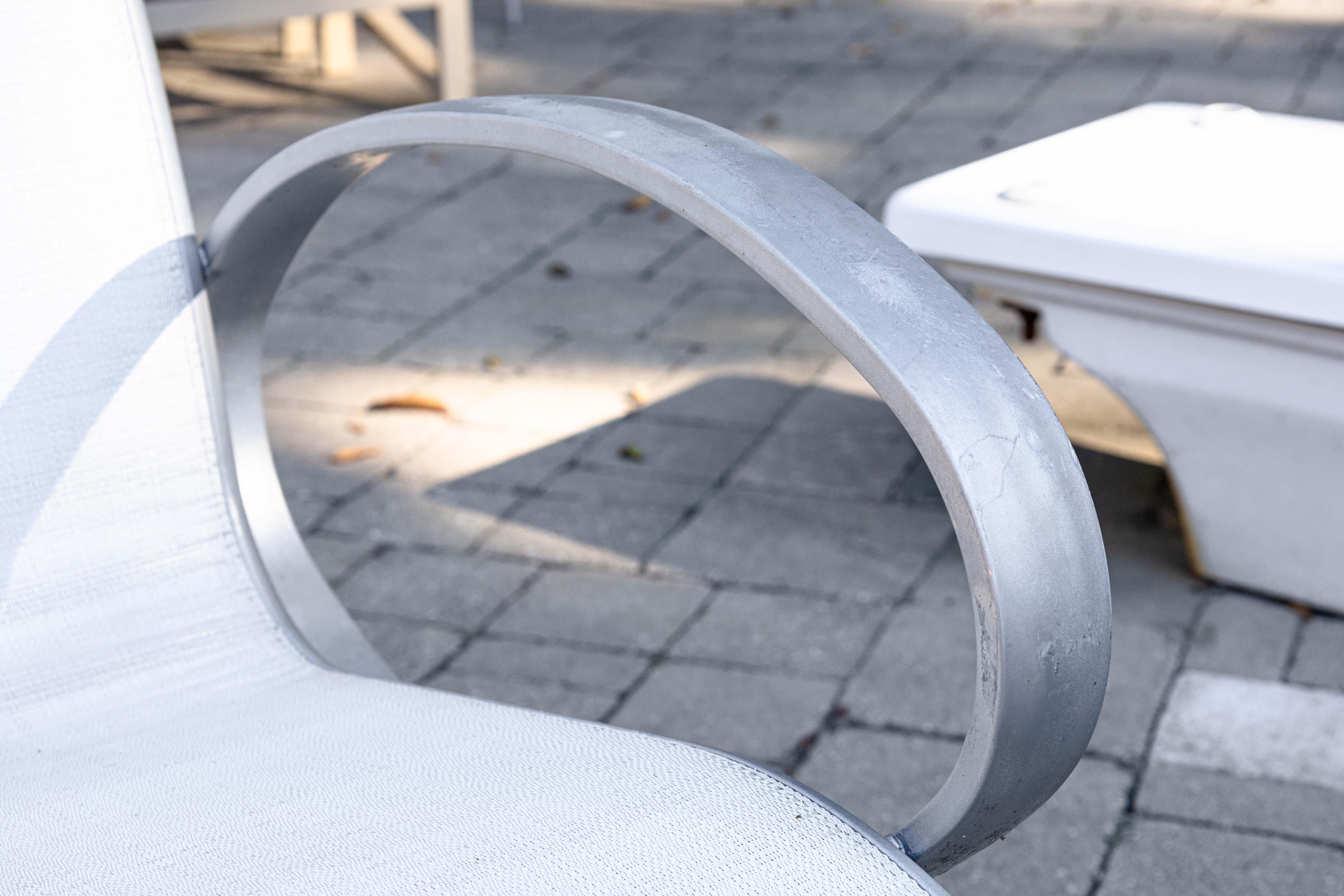 Pair of Tropitone Contemporary Modern Silver Aluminum Outdoor Patio Armchairs For Sale 5