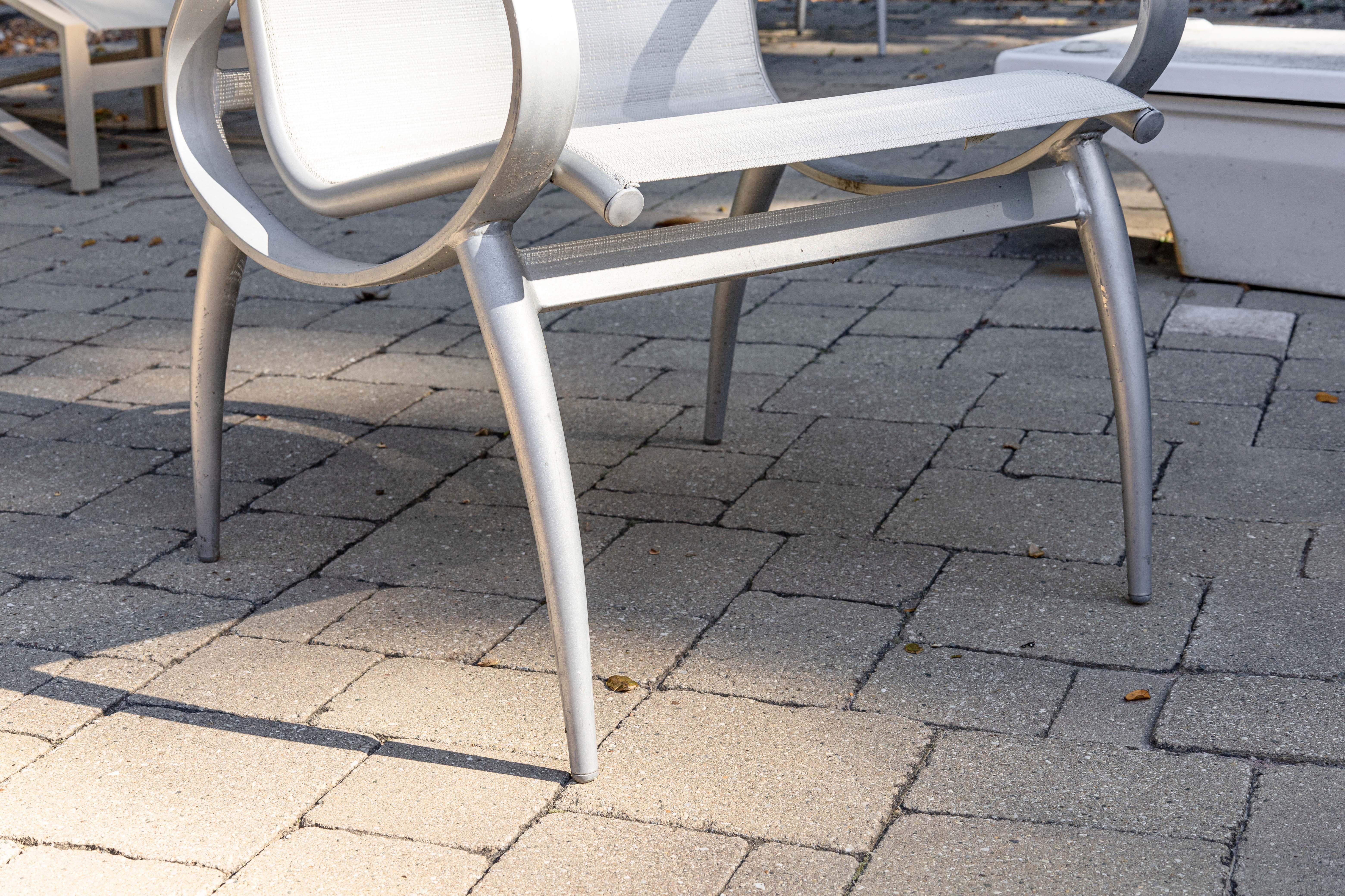 Pair of Tropitone Contemporary Modern Silver Aluminum Outdoor Patio Armchairs For Sale 7