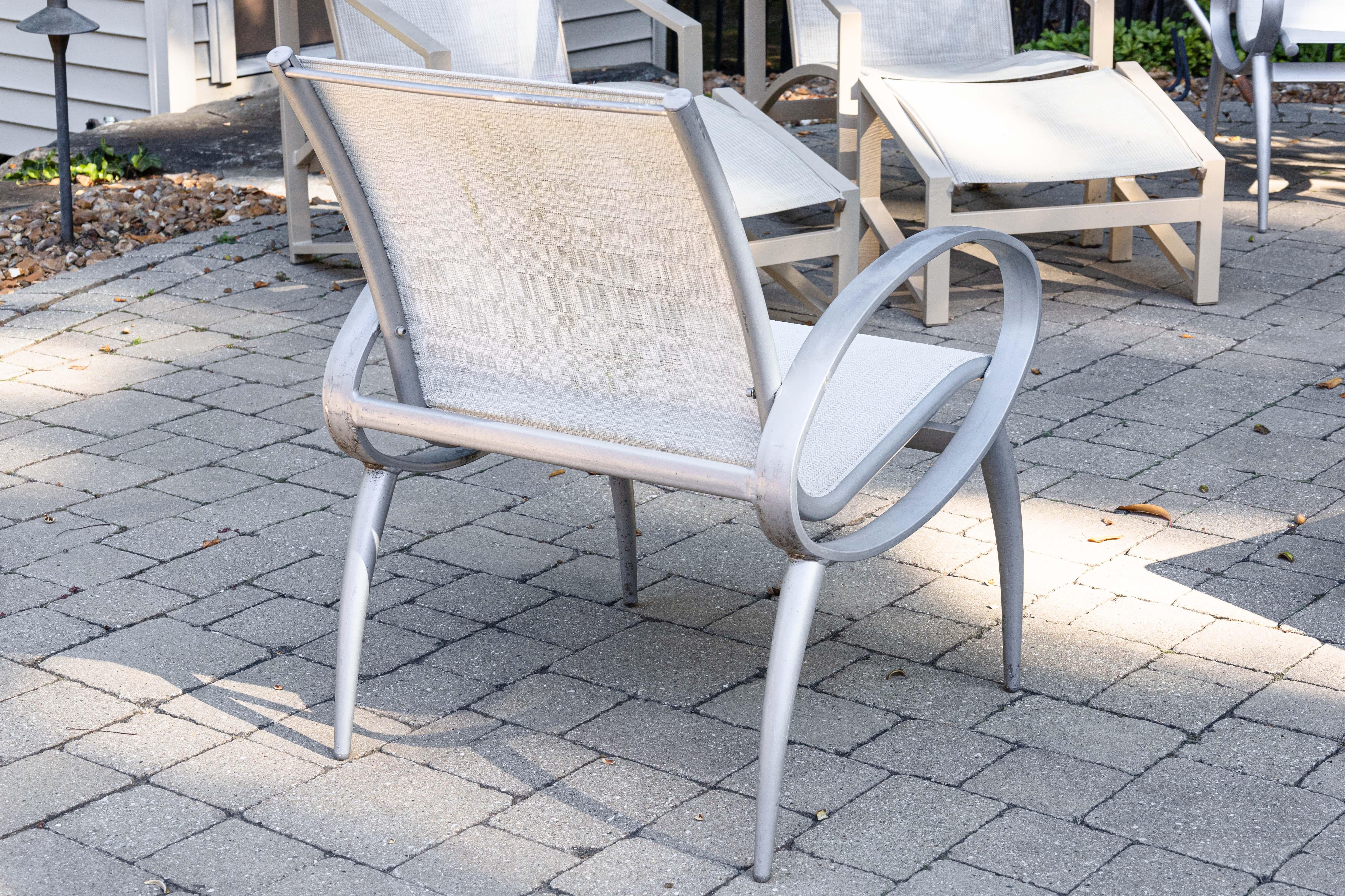 Pair of Tropitone Contemporary Modern Silver Aluminum Outdoor Patio Armchairs For Sale 1