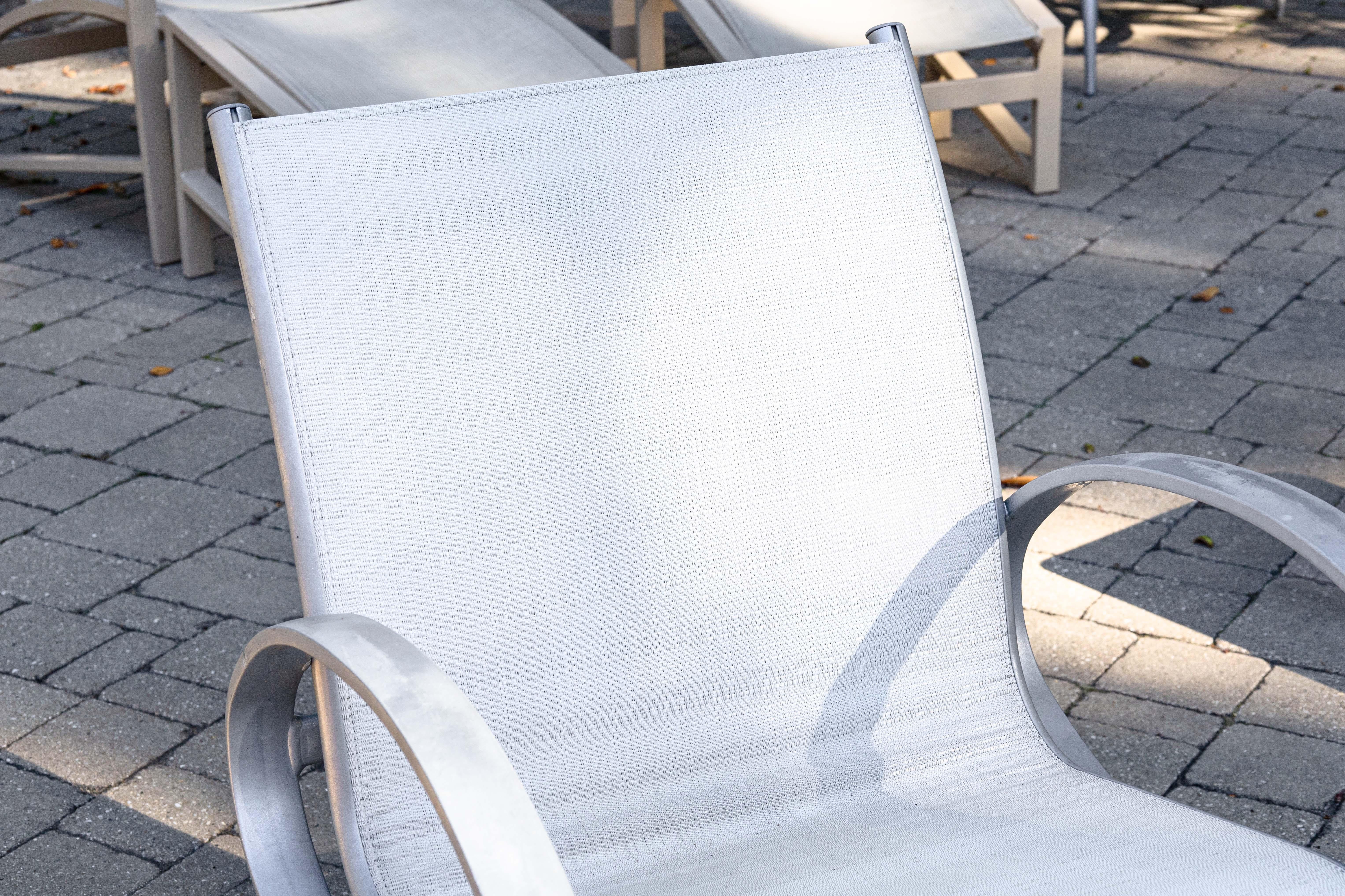 Pair of Tropitone Contemporary Modern Silver Aluminum Outdoor Patio Armchairs For Sale 2