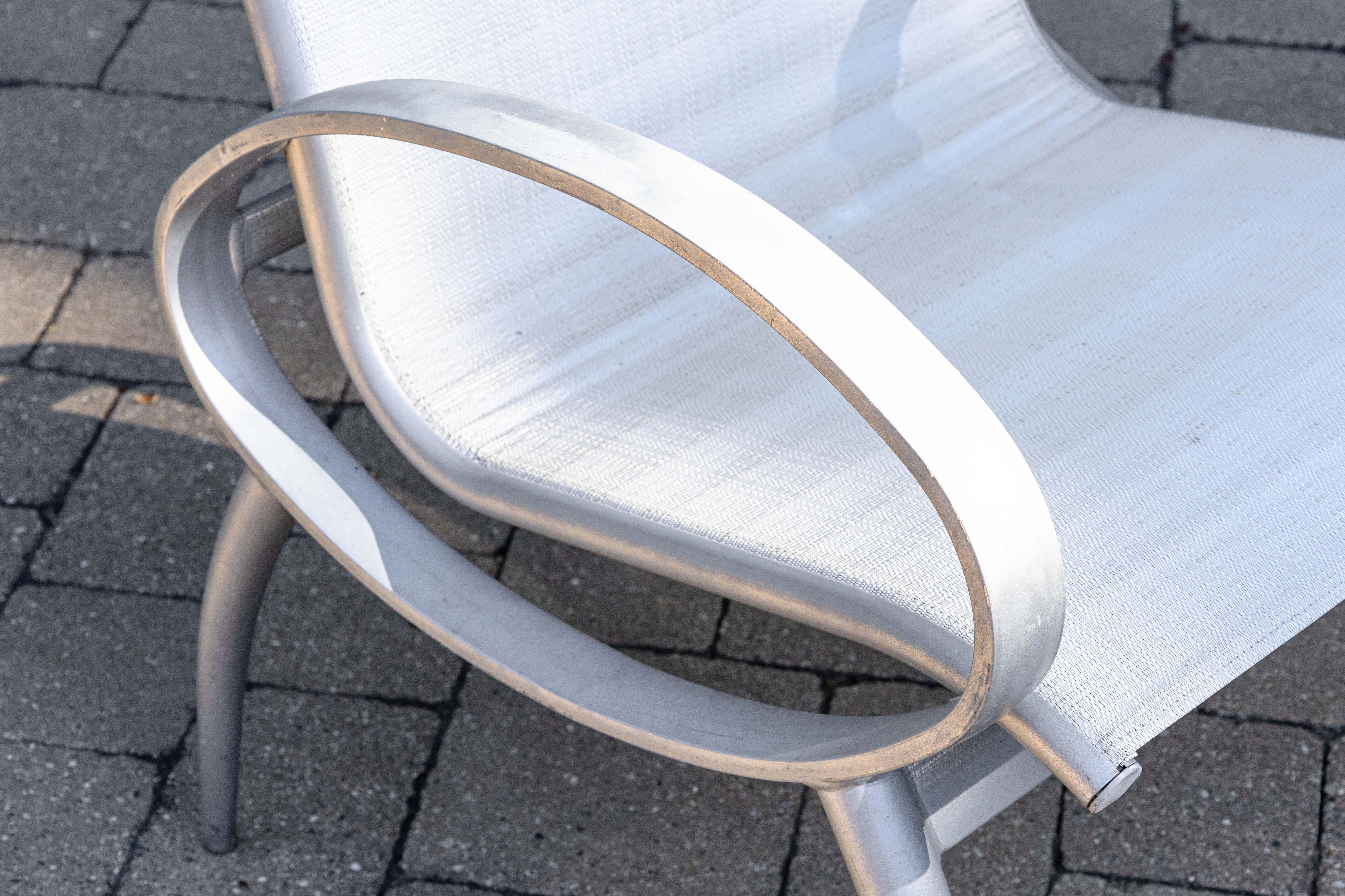 Pair of Tropitone Contemporary Modern Silver Aluminum Outdoor Patio Armchairs For Sale 4