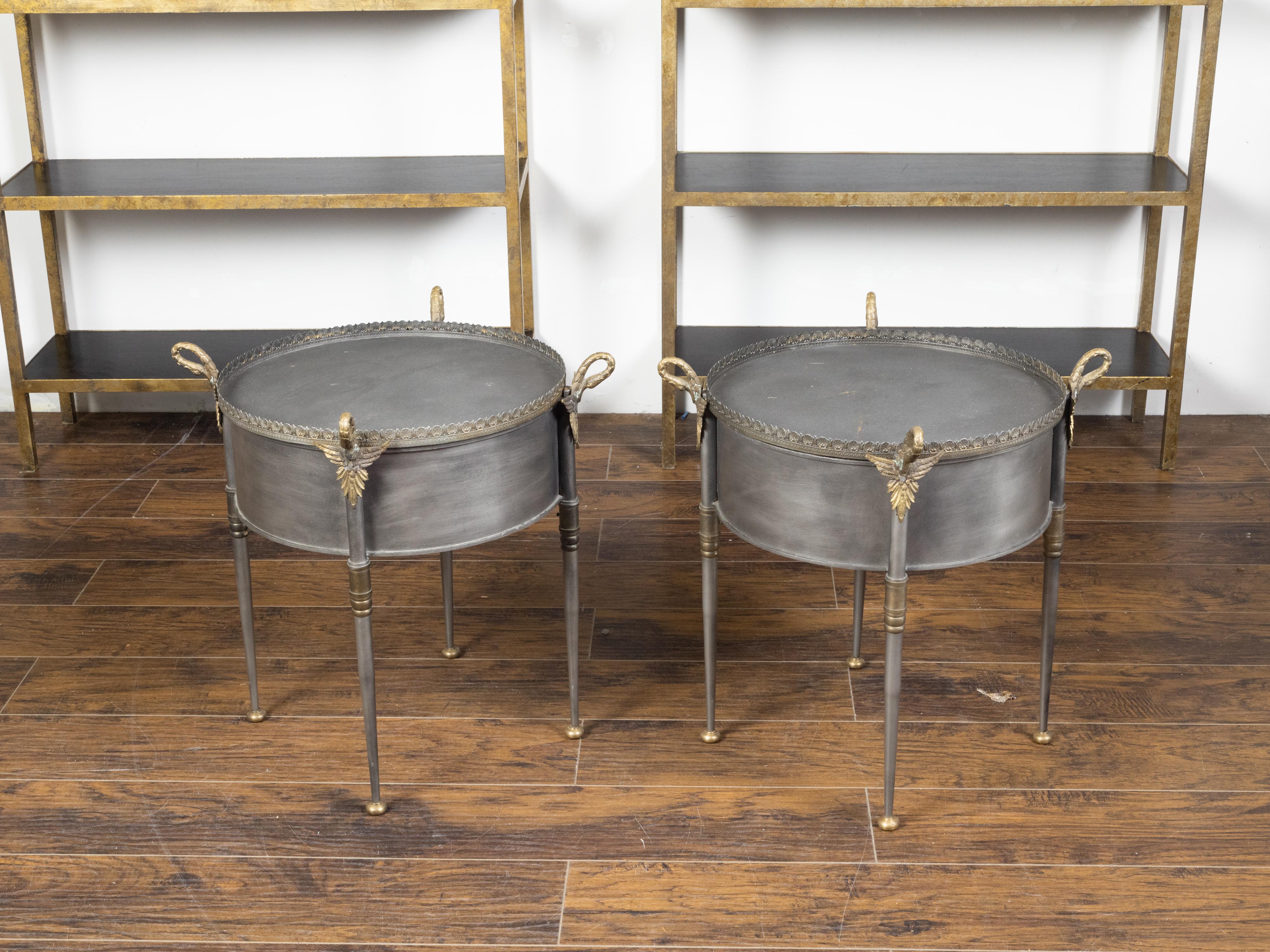 Pair of Trouvailles Metal and Brass Side Tables with Swan Necks and Doors For Sale 1