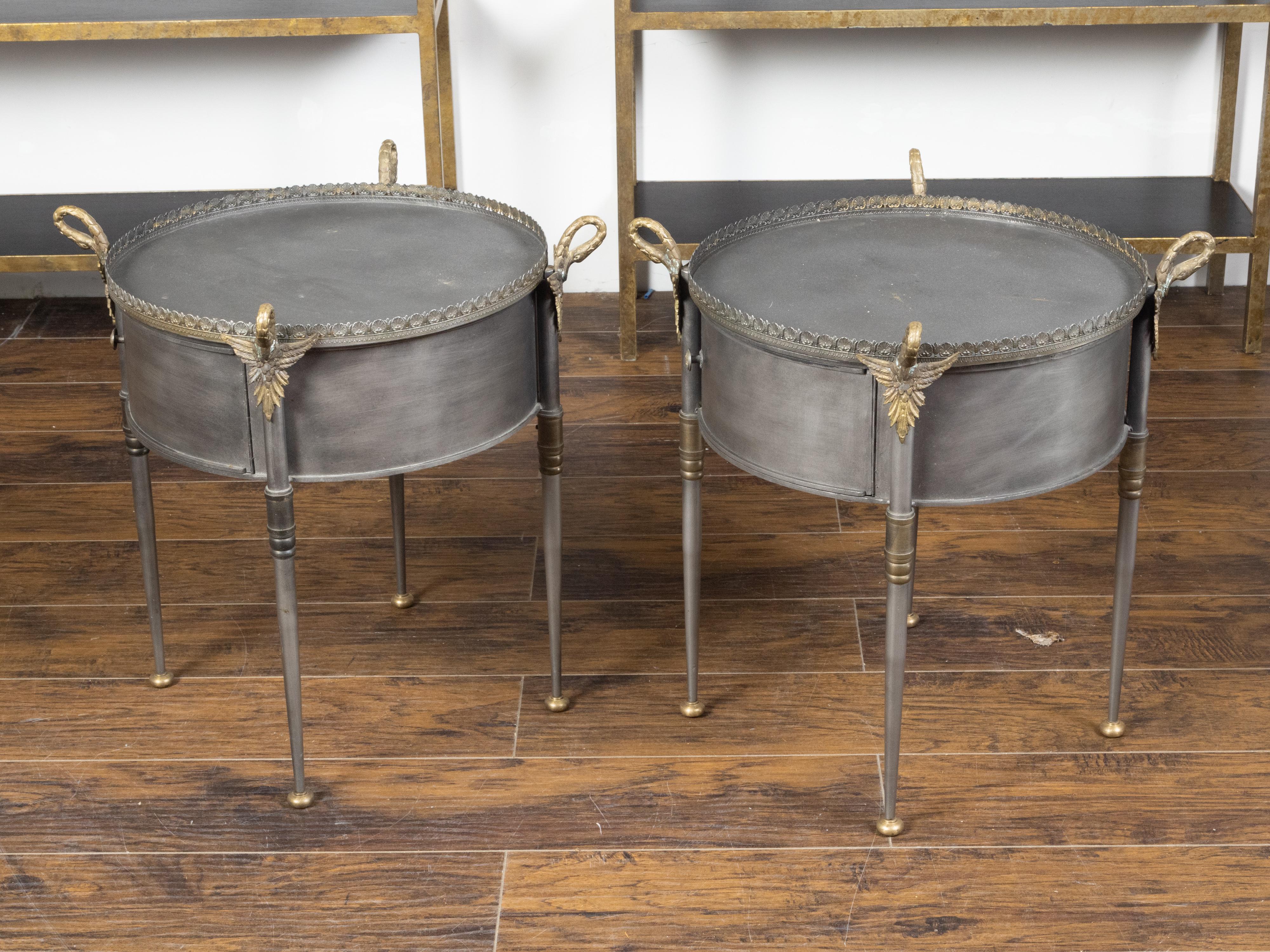 Pair of Trouvailles Metal and Brass Side Tables with Swan Necks and Doors For Sale 2