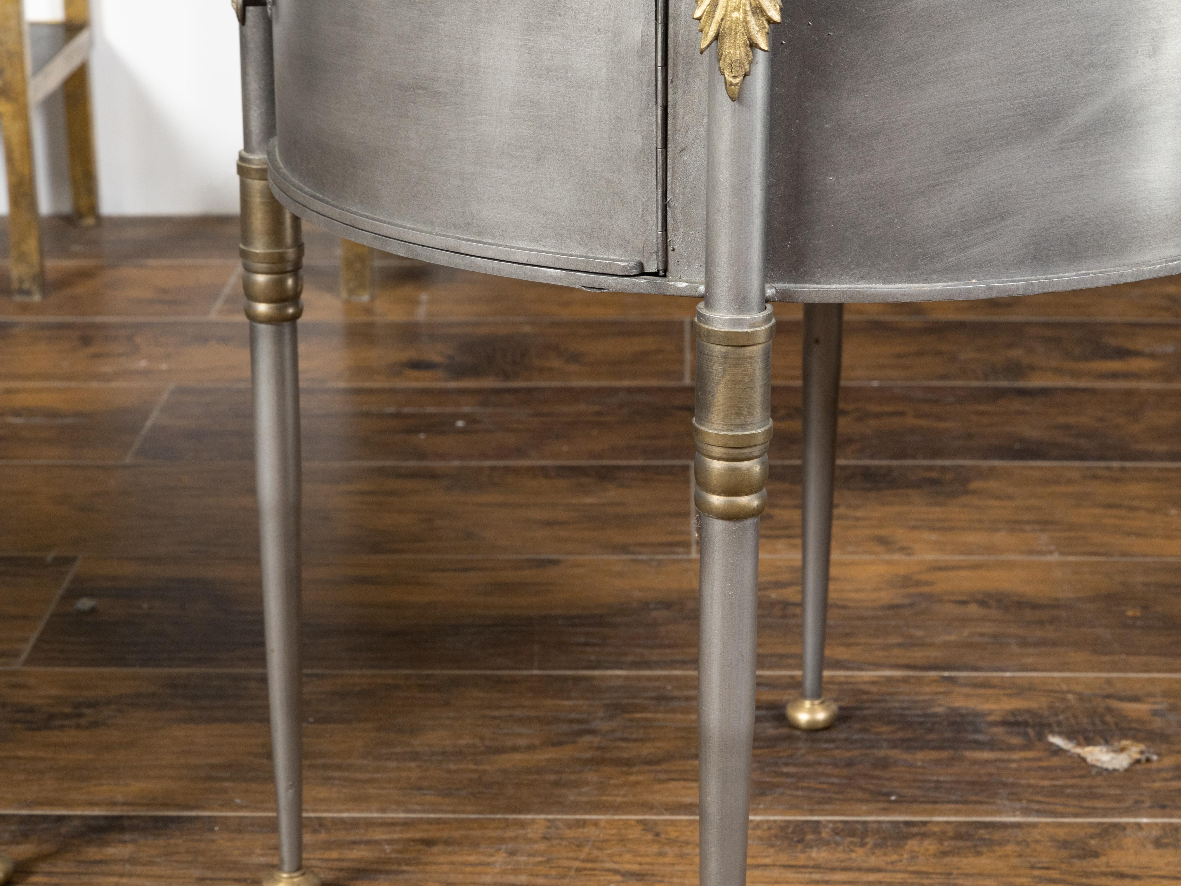 Pair of Trouvailles Metal and Brass Side Tables with Swan Necks and Doors For Sale 3