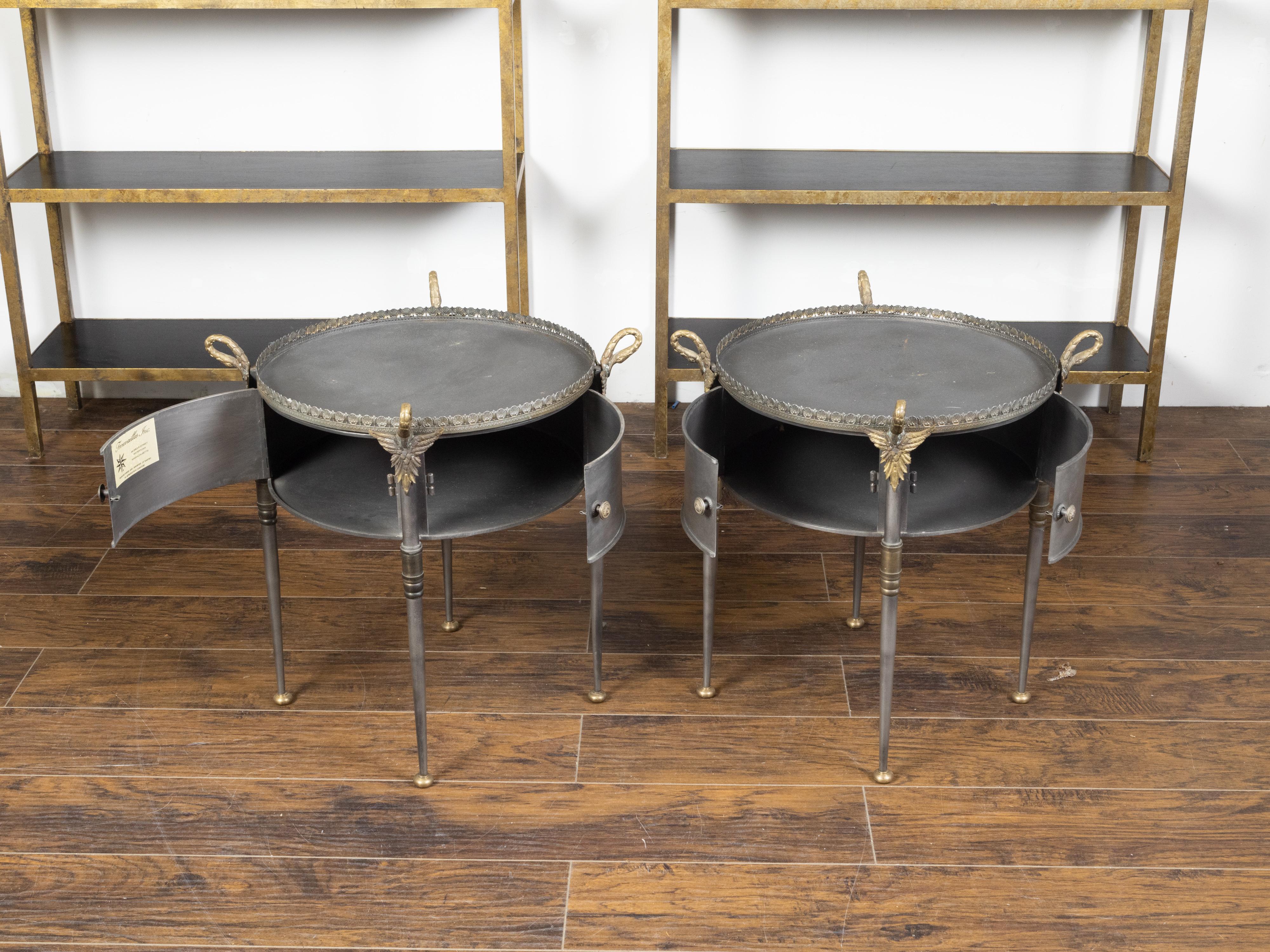 Mid-Century Modern Pair of Trouvailles Metal and Brass Side Tables with Swan Necks and Doors For Sale