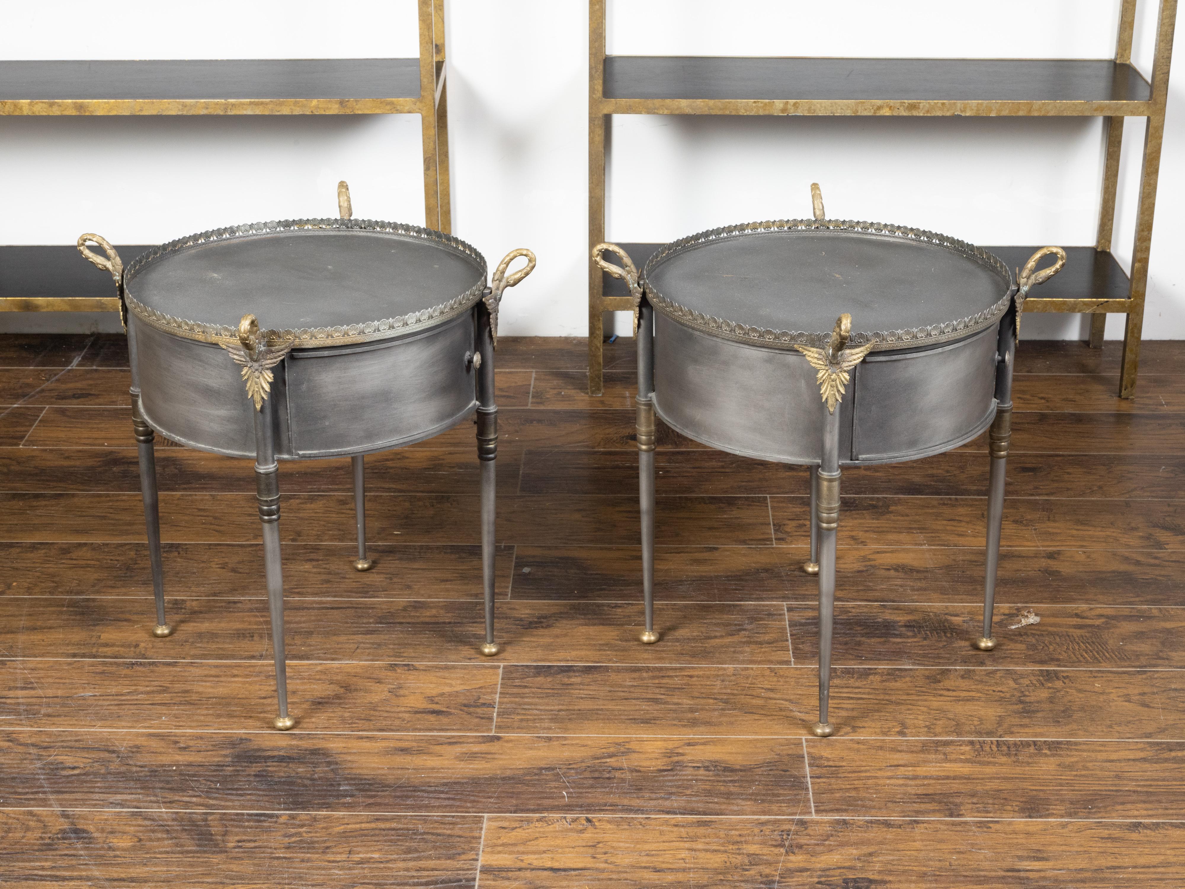 20th Century Pair of Trouvailles Metal and Brass Side Tables with Swan Necks and Doors For Sale
