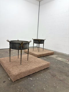 Pair of Trouvailles Metal and Brass Side Tables with Swan Necks and Doors, Frenc