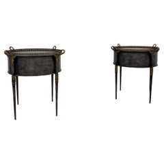 Pair of Trouvailles Metal and Brass Side Tables with Swan Necks and Doors, Frenc