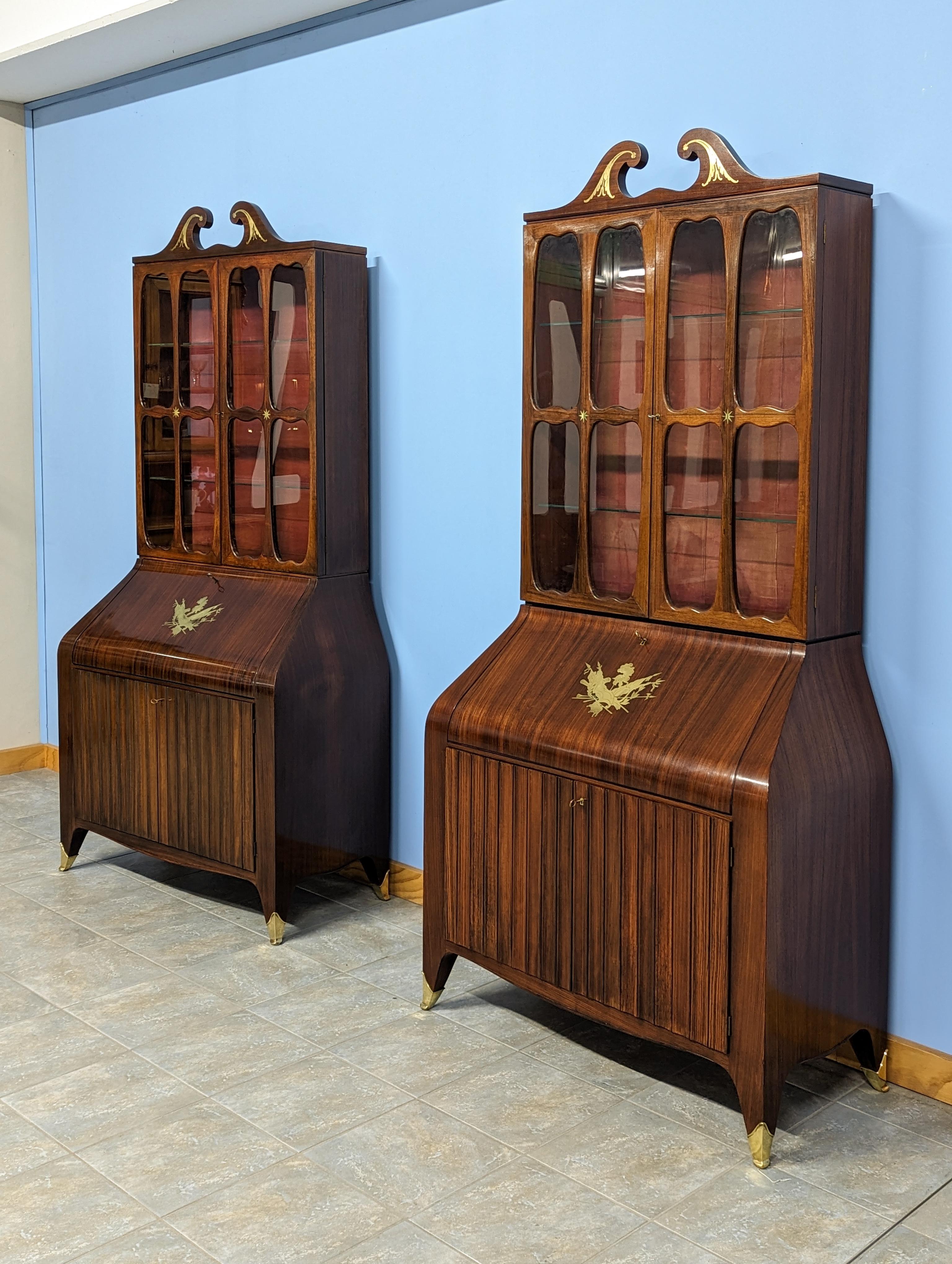 Brass Pair of Trumeau Bookcases in Mahogany Designed by Paolo Buffa, 1950s For Sale