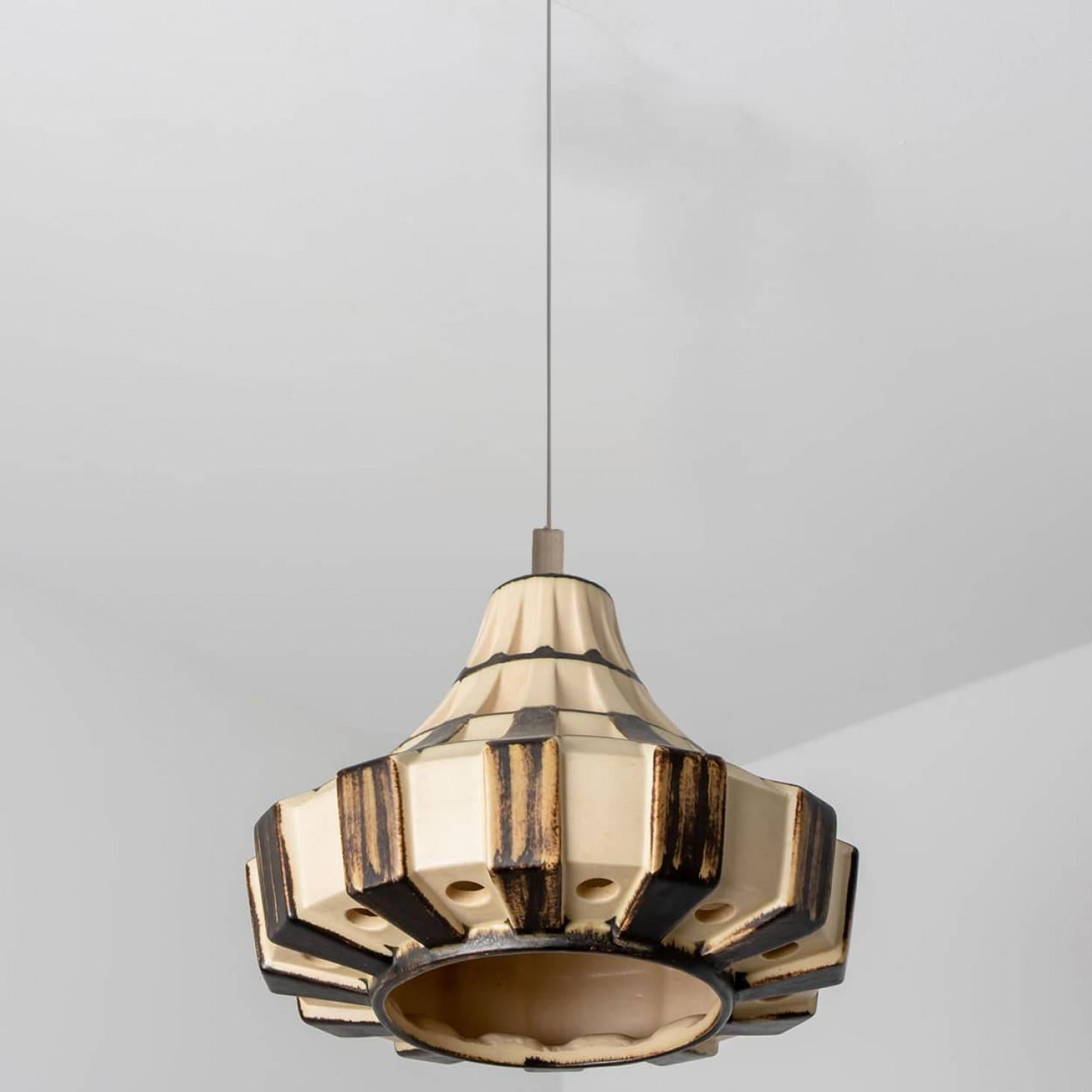 Pair of Trumpet Ivory Brown Ceramic Pendant Light, Denmark, 1970 For Sale 4