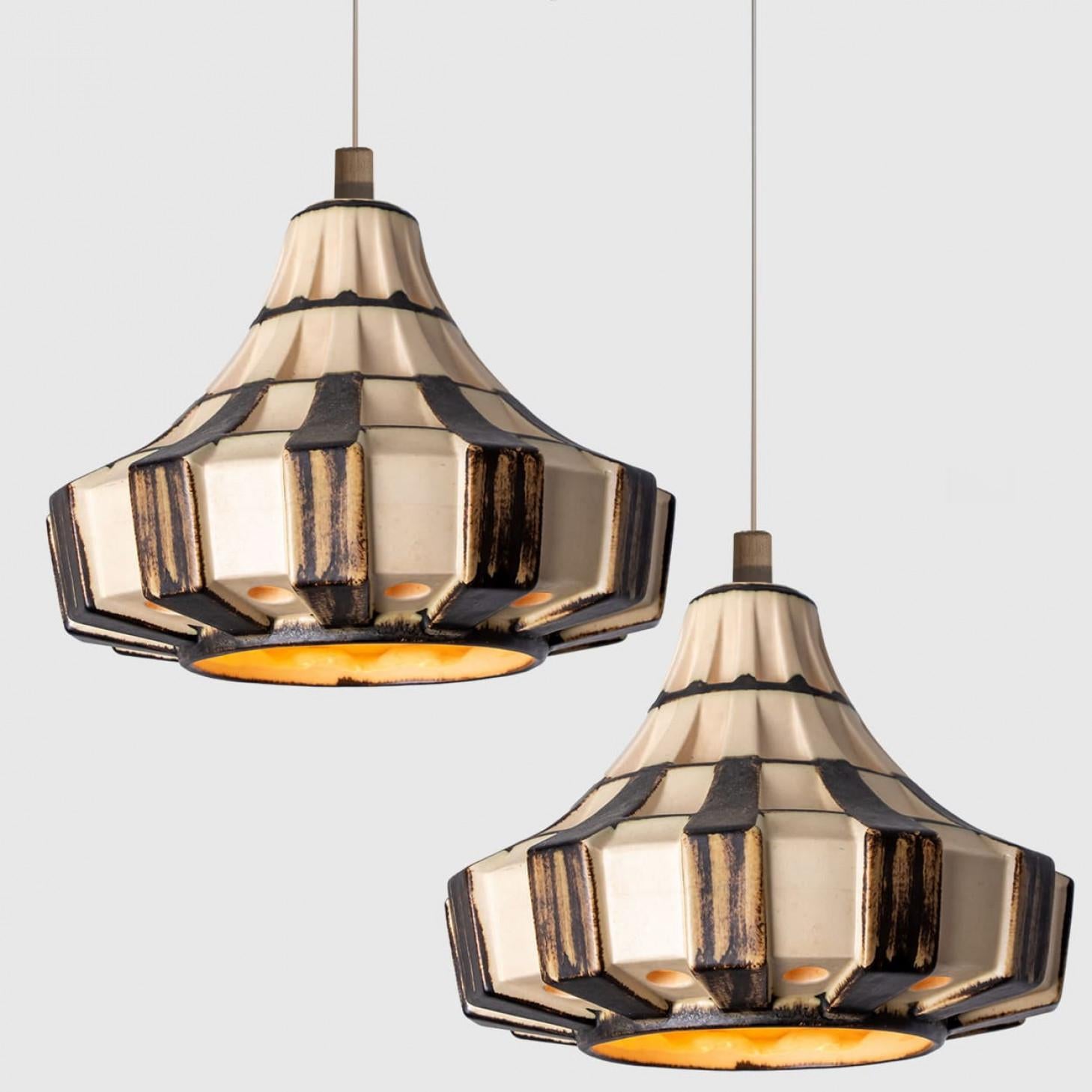 Pair of Trumpet Ivory Brown Ceramic Pendant Light, Denmark, 1970 For Sale 10