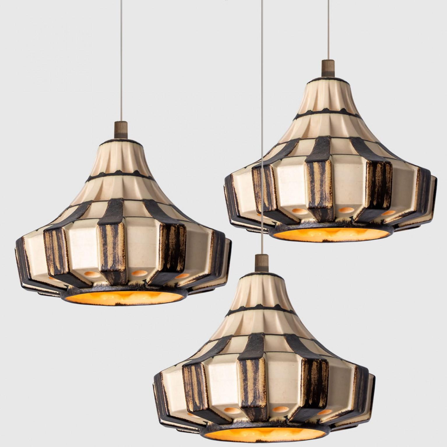 Other Pair of Trumpet Ivory Brown Ceramic Pendant Light, Denmark, 1970 For Sale