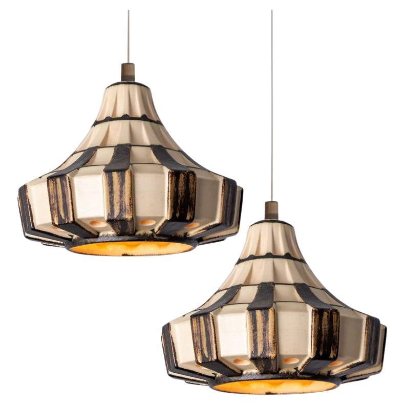 Pair of Trumpet Ivory Brown Ceramic Pendant Light, Denmark, 1970 For Sale