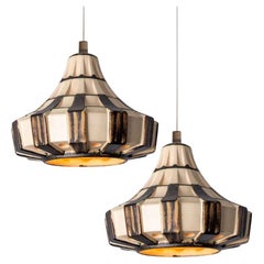 Pair of Trumpet Ivory Brown Ceramic Pendant Light, Denmark, 1970