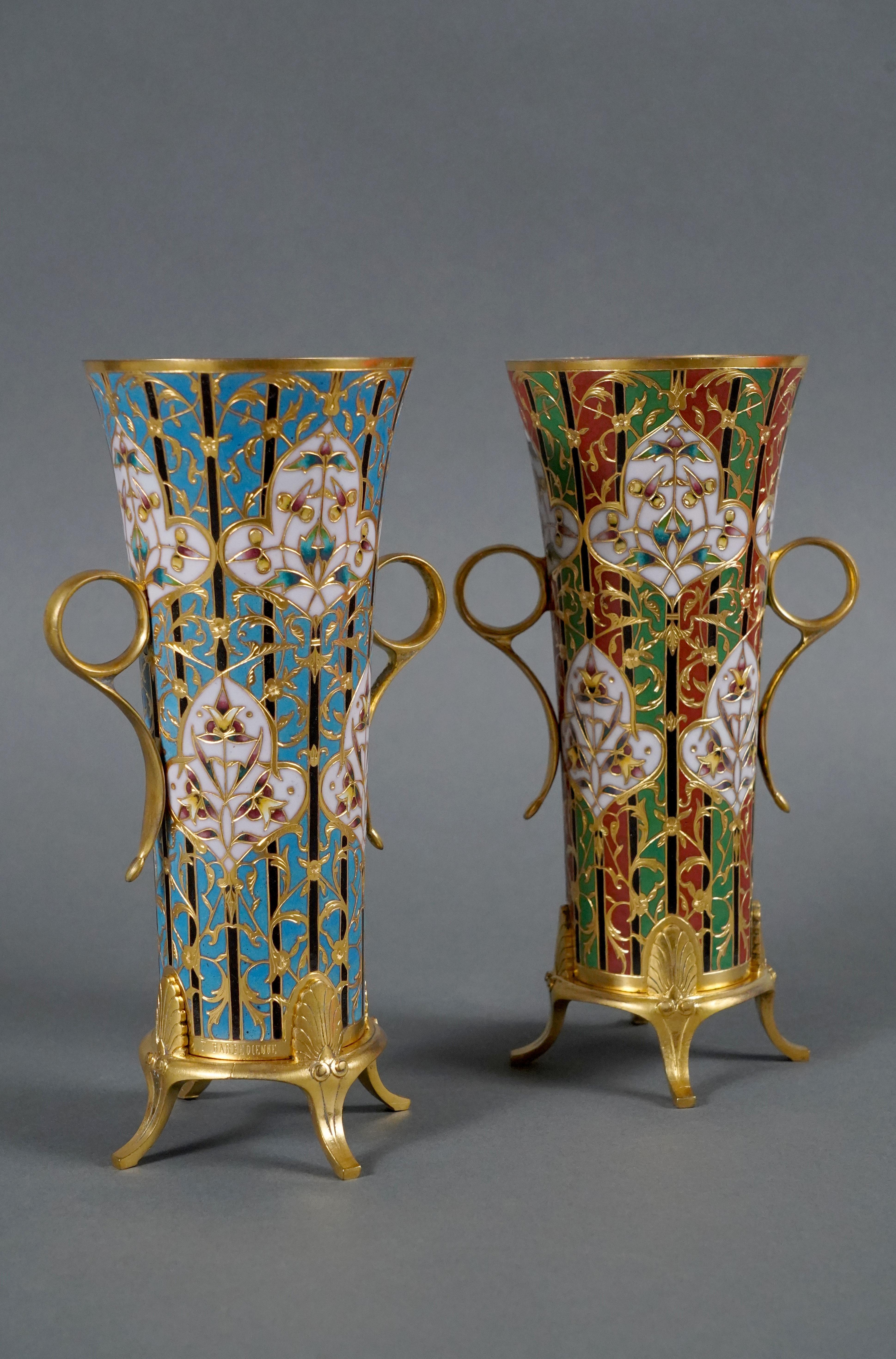 Other Pair of Trumpet-Shaped Byzantines Vases, L.C. Sevin&F. Barbedienne, France, 1880 For Sale