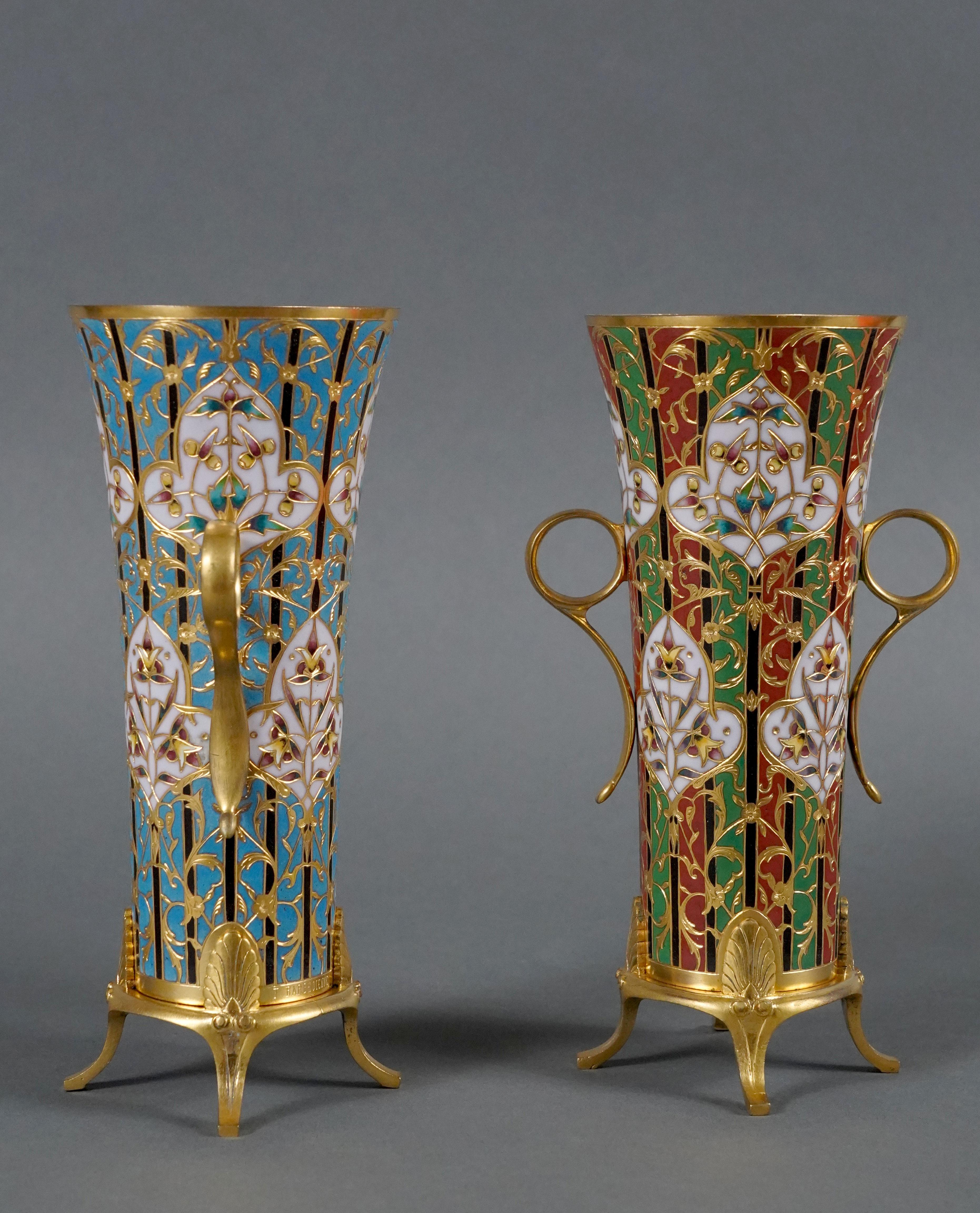French Pair of Trumpet-Shaped Byzantines Vases, L.C. Sevin&F. Barbedienne, France, 1880 For Sale