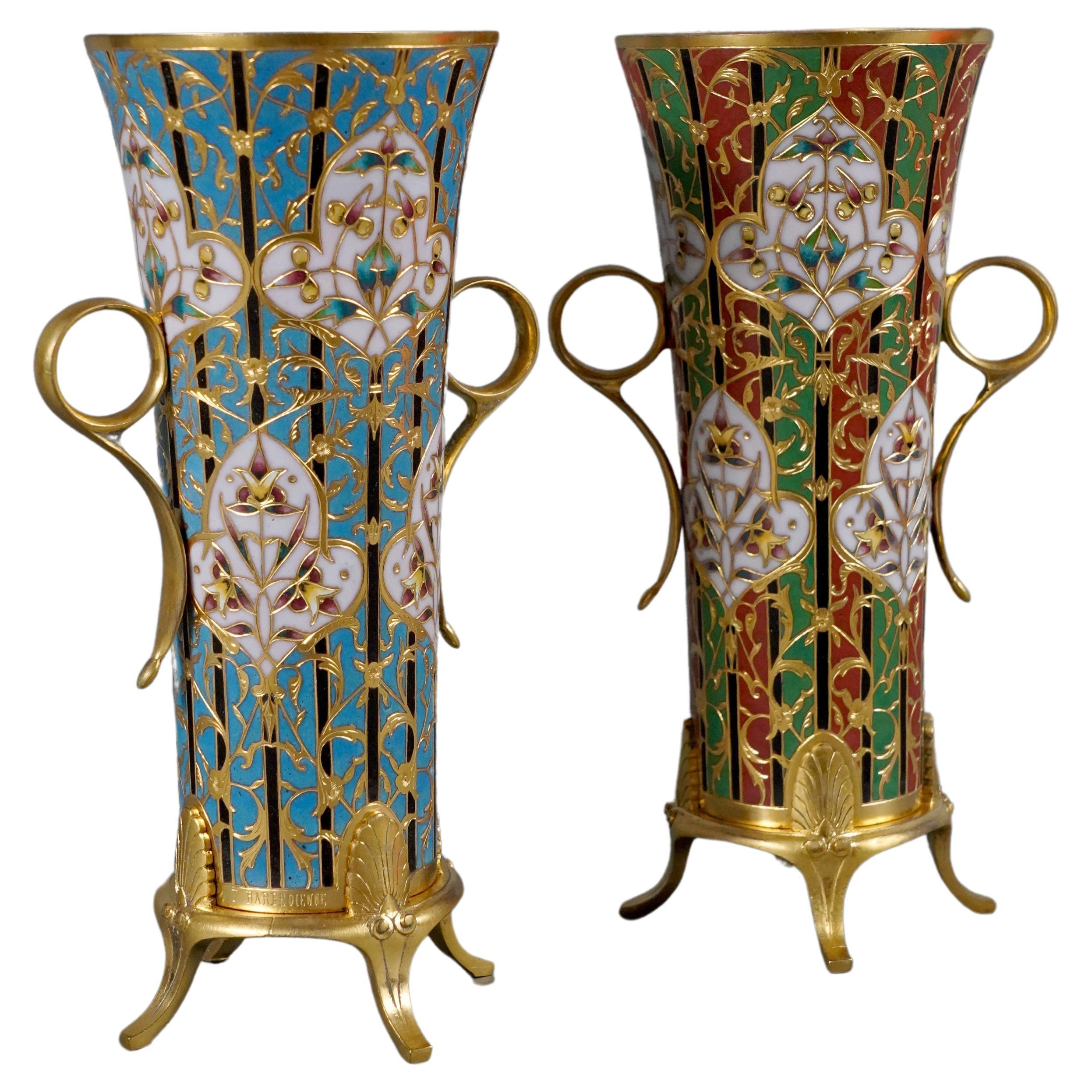 Pair of Trumpet-Shaped Byzantines Vases, L.C. Sevin&F. Barbedienne, France, 1880 For Sale