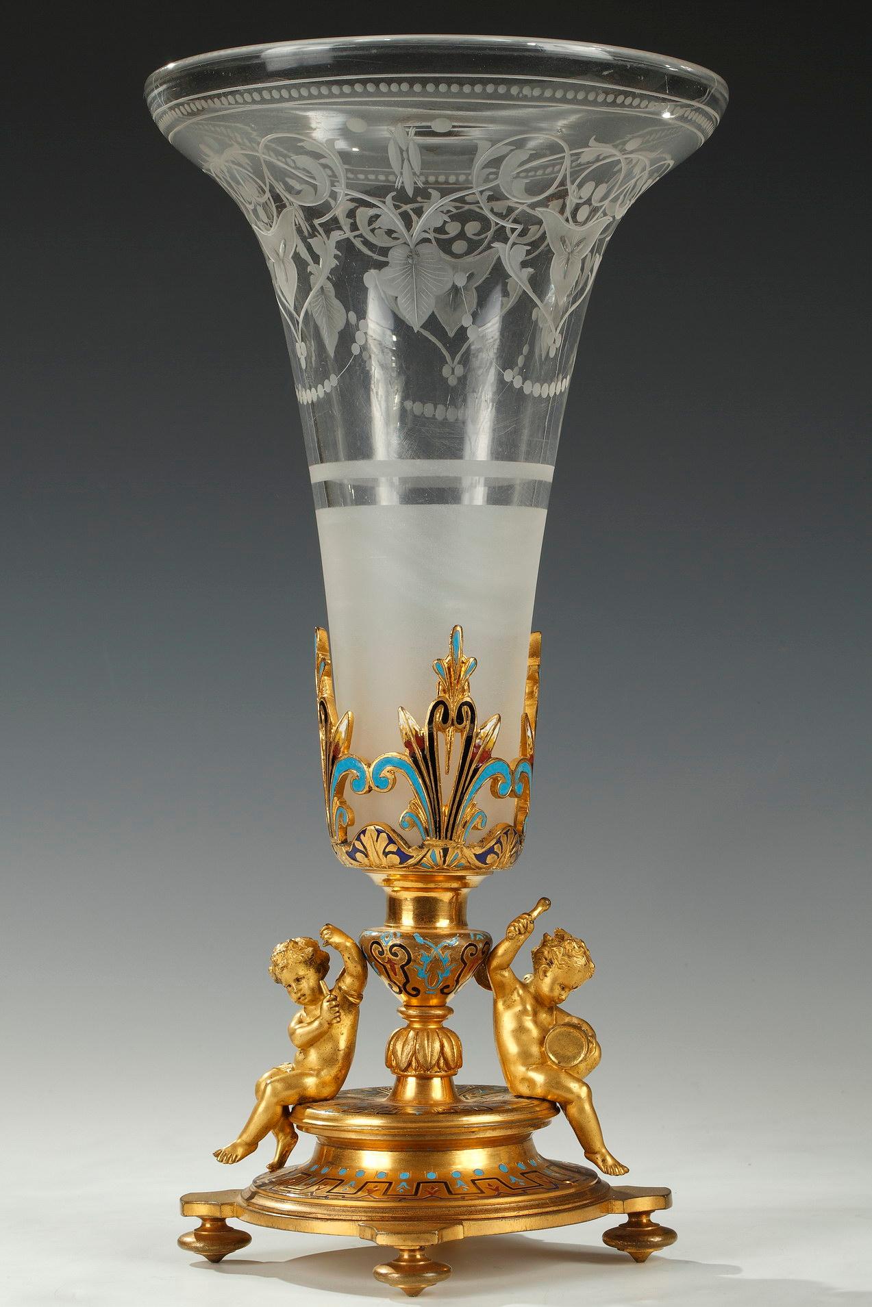 French Pair of Trumpet Vases Attributed to A. Giroux, France, Circa 1880 For Sale