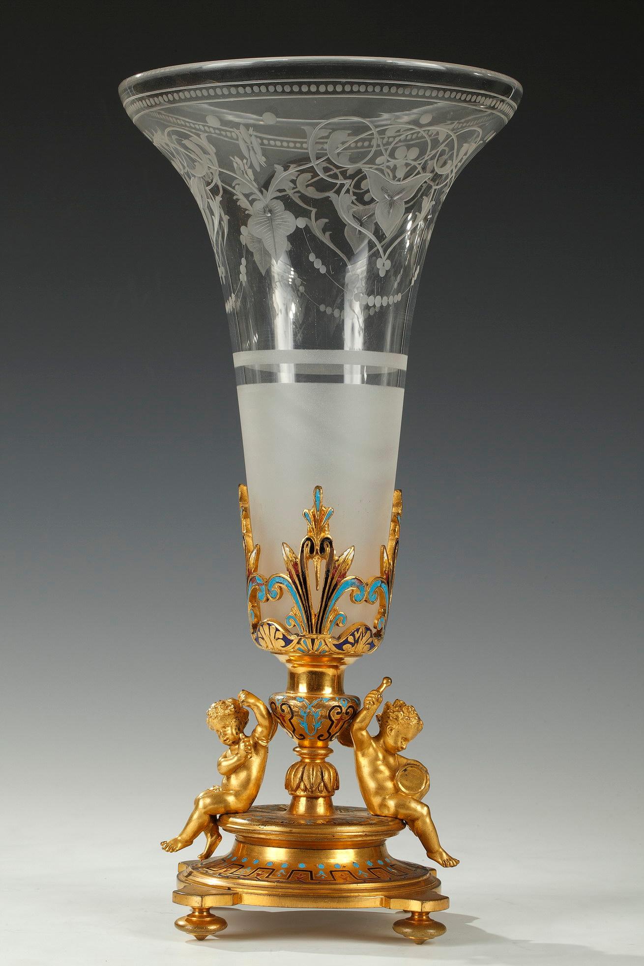 Gilt Pair of Trumpet Vases Attributed to A. Giroux, France, Circa 1880 For Sale