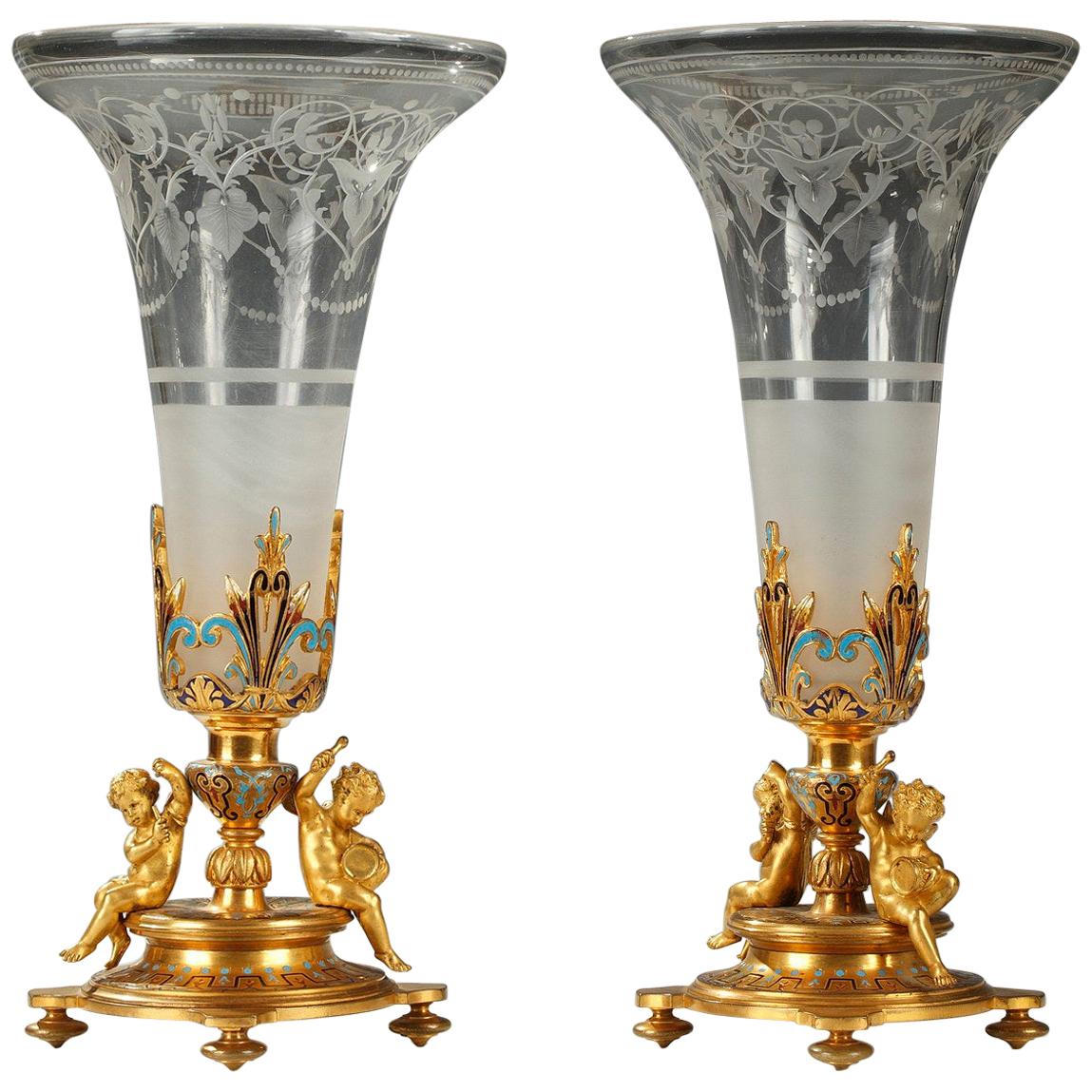 Pair of Trumpet Vases Attributed to A. Giroux, France, Circa 1880 For Sale