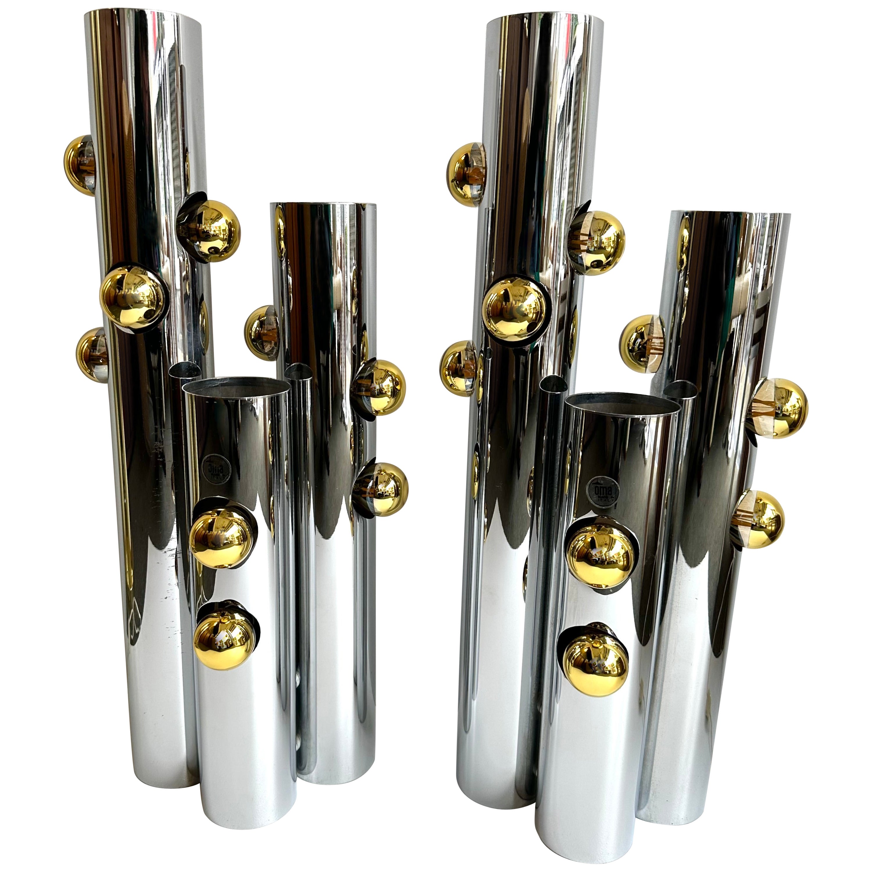 Pair of Tube Lamps Metal Chrome Sculpture by OMA. Italy, 1970s