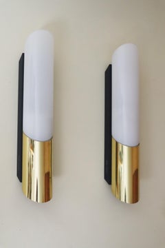 Pair of Tube Wall Lights Made of Brass and White Glass by Limburger Glashütte