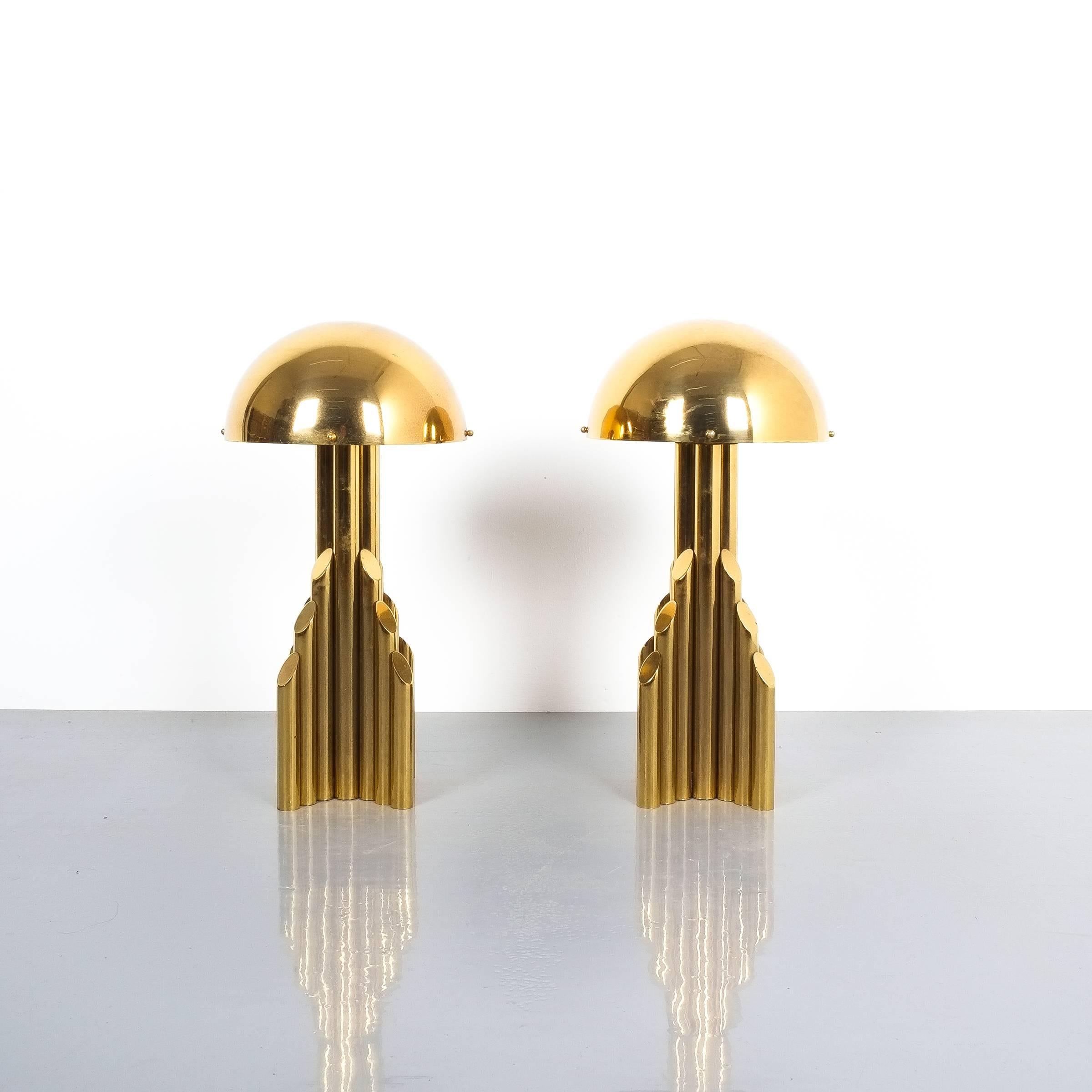 Pair of tubular brass pipe table lamps attributed to Staff, Germany, 1960. Nice pair of geometrical table lights handmade with great attention to detail. Very good condition, two bulbs (e14 with 40W each, or Led's) each. Measurements are 11.41
