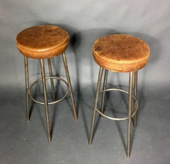 Pair of Tubular Chrome and Cognac Leather Bar Stools