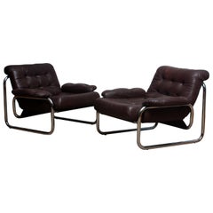 Pair of Tubular Chrome Brown Leather Lounge Chairs by Johan Bertil Häggström