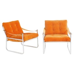 Retro Pair of Tubular Chrome & Orange Velvet Chairs, 1970s