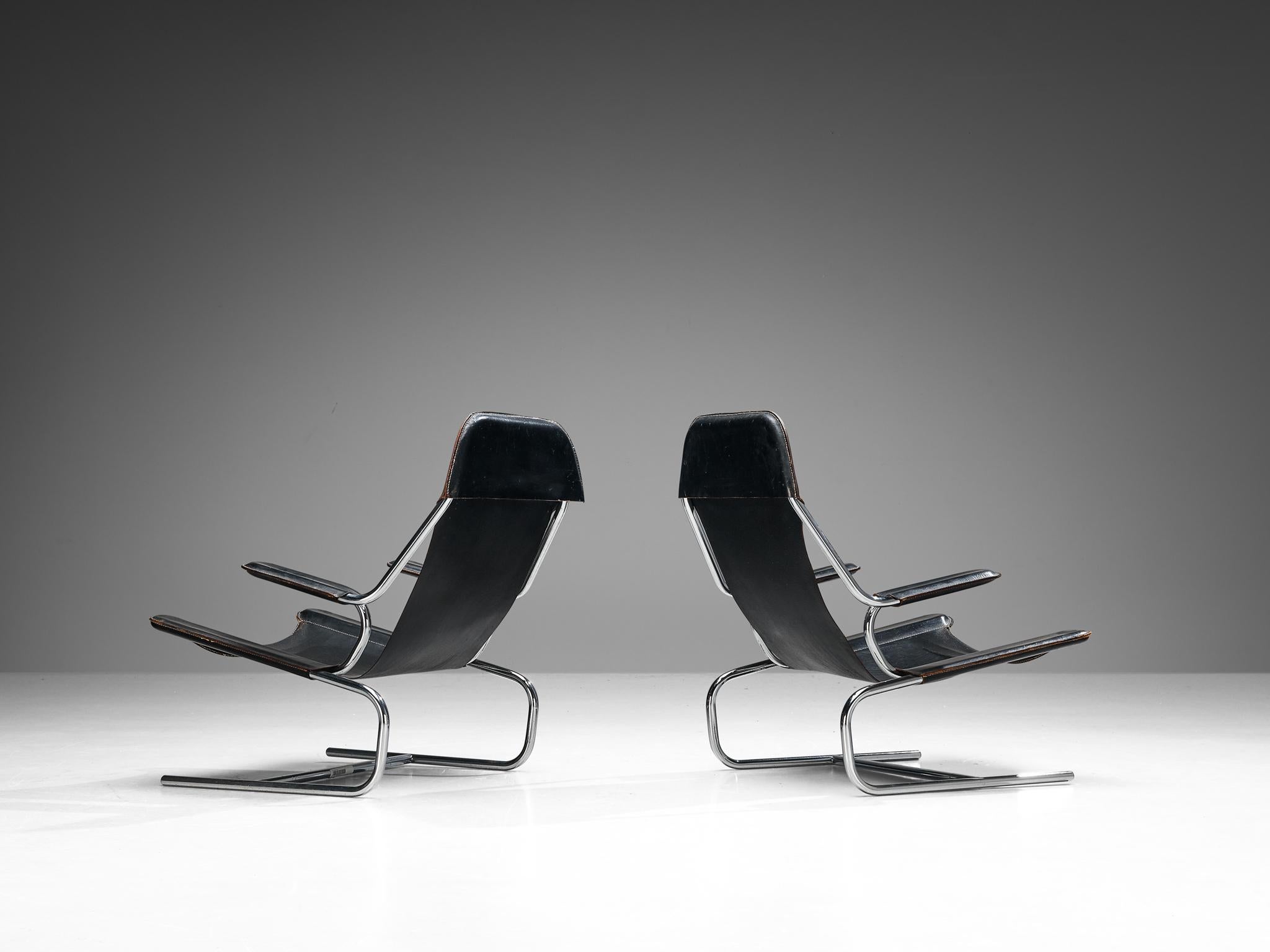 Metal Pair of Tubular Lounge Chairs and Ottoman in Black Leather For Sale
