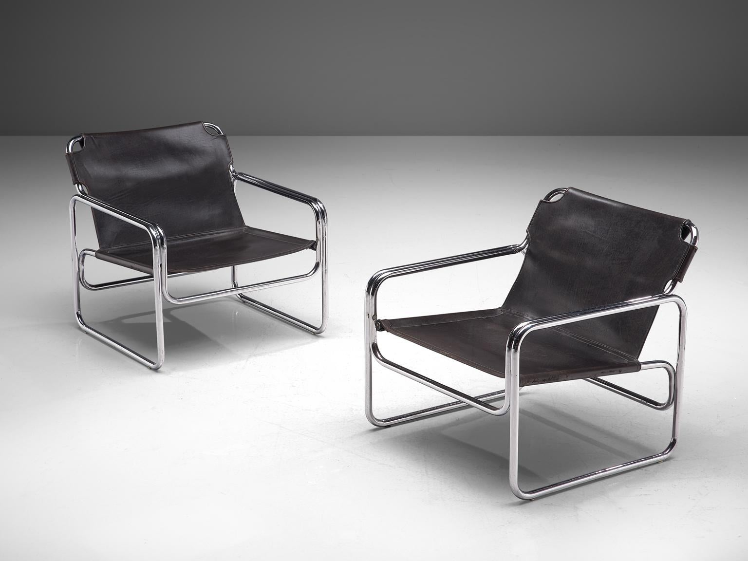 Mid-Century Modern Pair of Tubular Lounge Chairs in Black Leather, 1960s