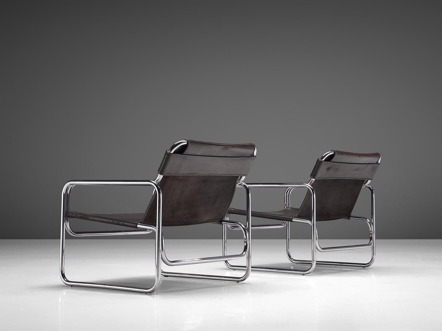 Dutch Pair of Tubular Lounge Chairs in Black Leather, 1960s