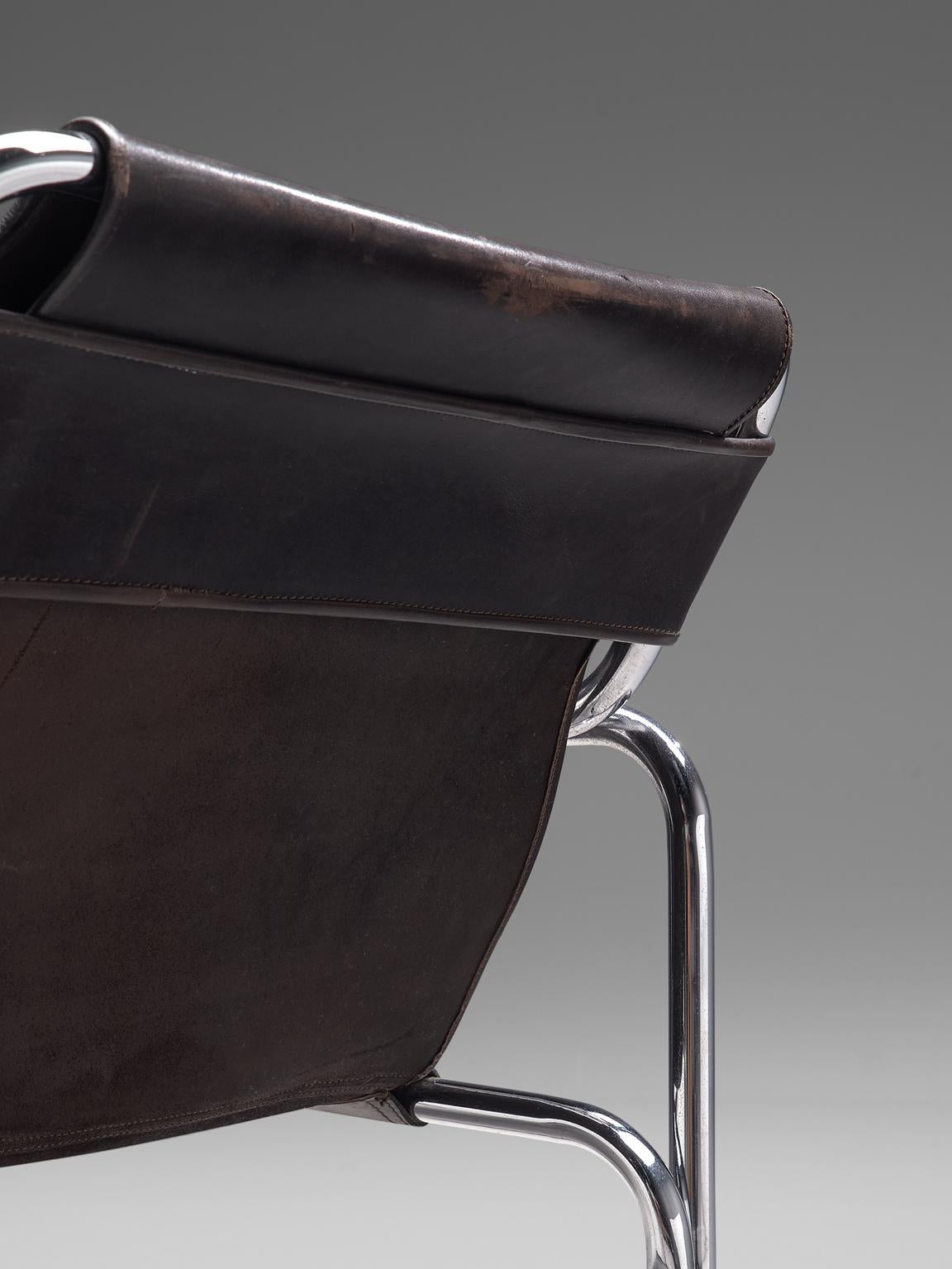 Mid-20th Century Pair of Tubular Lounge Chairs in Black Leather, 1960s