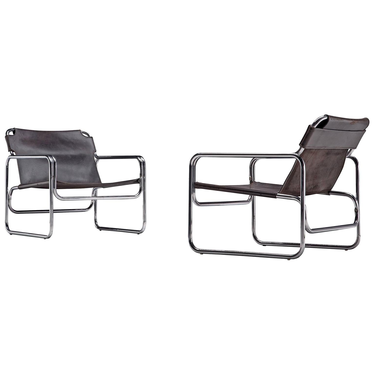 Pair of Tubular Lounge Chairs in Black Leather, 1960s