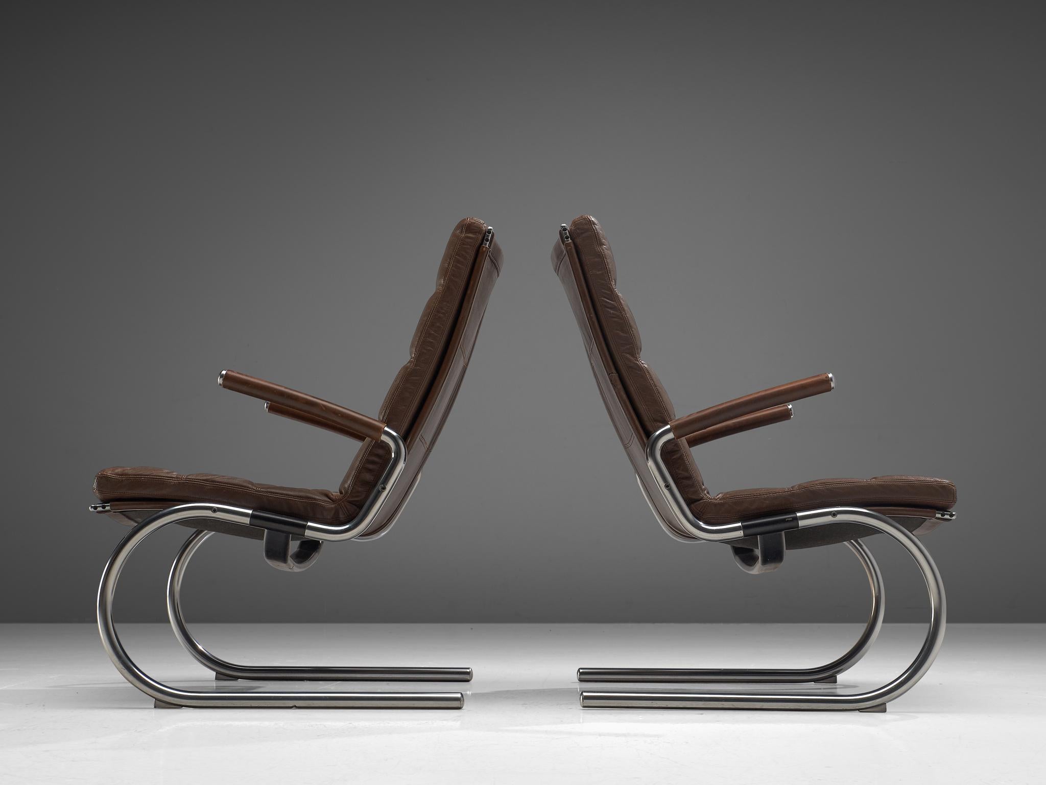 Danish Pair of Tubular Lounge Chairs in Leather by Jørgen Kastholm