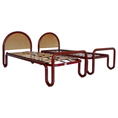 Pair of Tubular Metal and Cane Beds in the style of Gae Aulenti, Italy 1970s