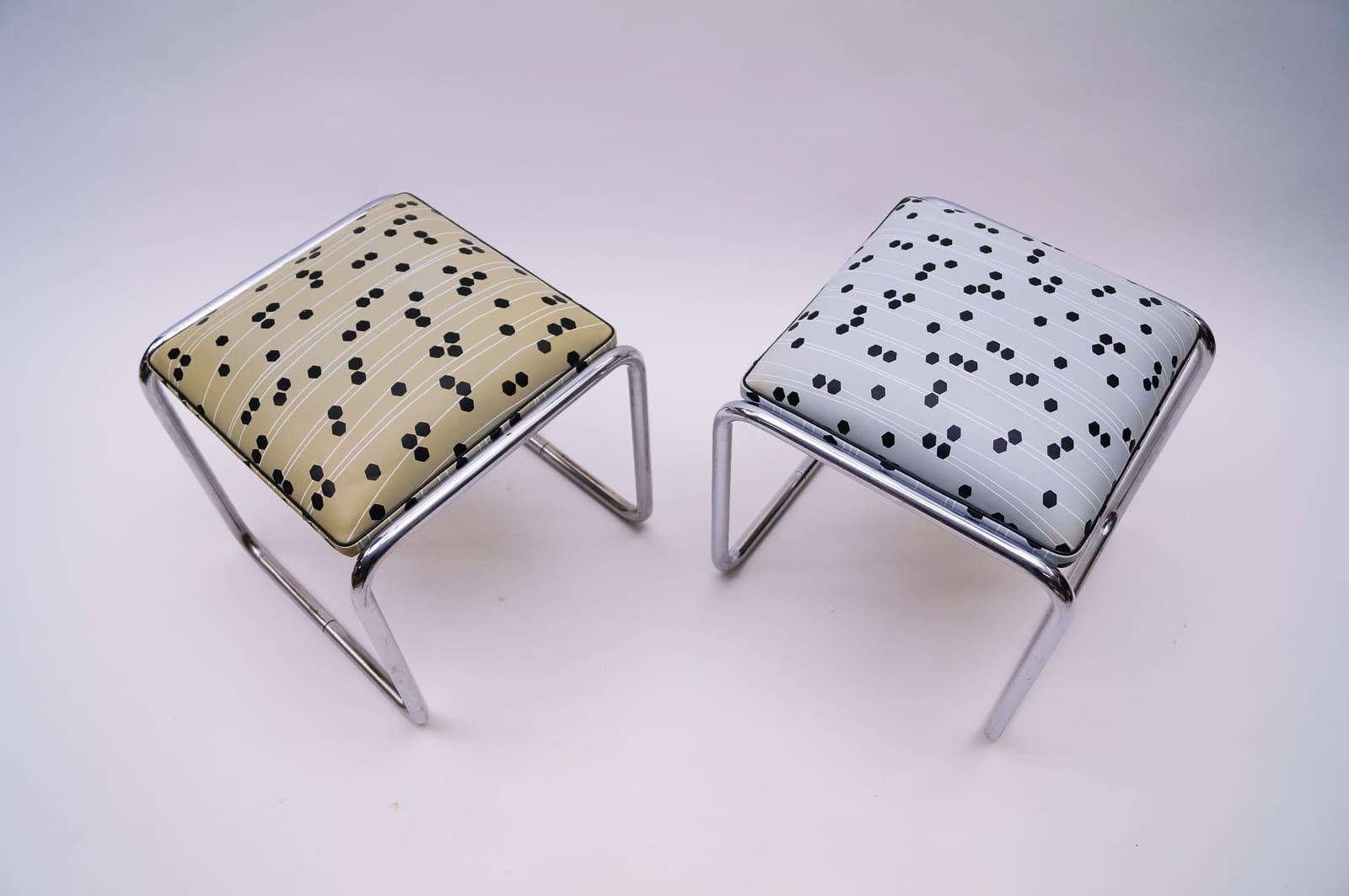 Pair of Tubular Steel Bauhaus Stools with Graphic Patterns, 1940s, Germany 5