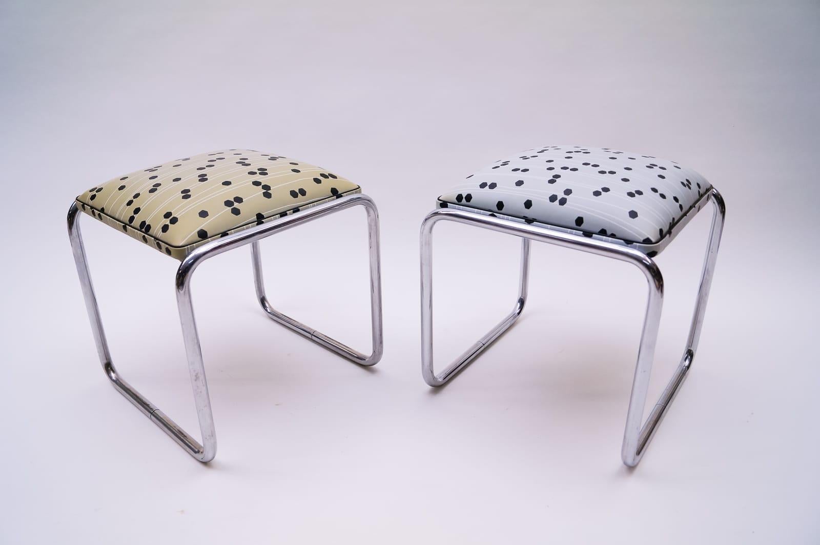 Mid-20th Century Pair of Tubular Steel Bauhaus Stools with Graphic Patterns, 1940s, Germany